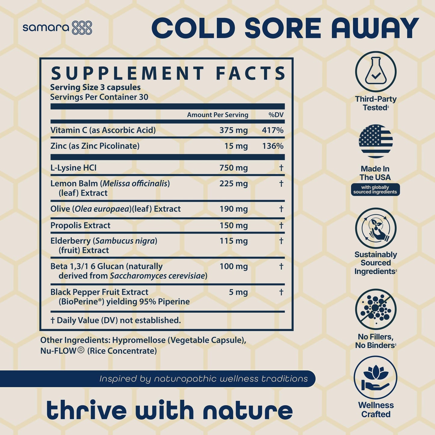Samara 888 L Lysine Cold Sore Treatment Support, 30 Capsules