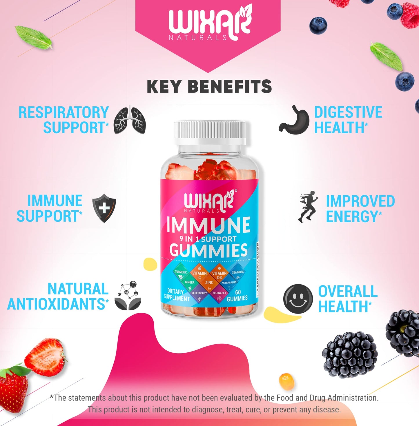 WIXAR NATURALS 9 in 1 Immune Support Gummies with Elderberry, Vitamin C&D, Zinc, Turmeric, Ginger, Echinacea, Astragalus & Sea Moss, 60 Gummies