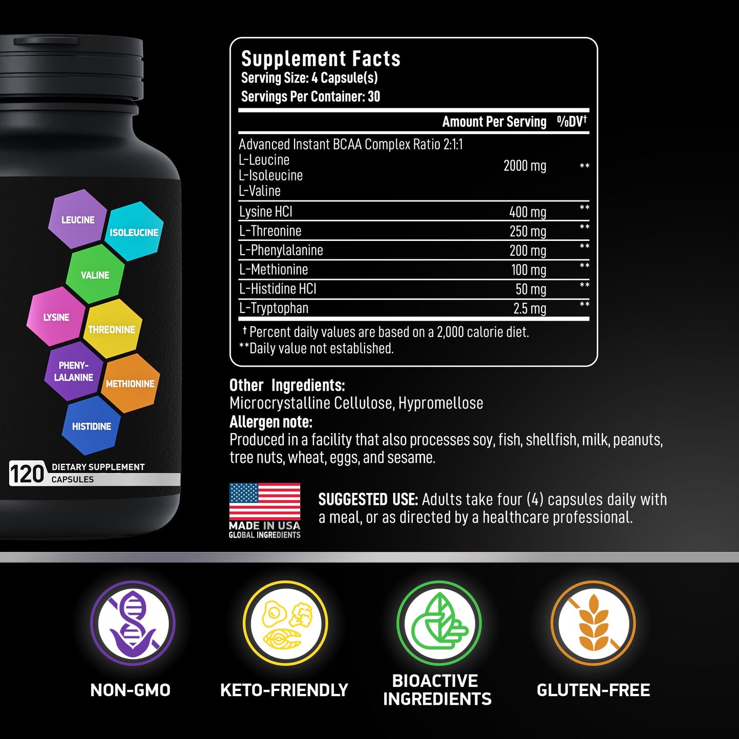 BIOACTIVE LABS Essential Amino Acids Supplement – Vegan BCAA Amino Acid Complex for Muscle Growth – Capsules 120