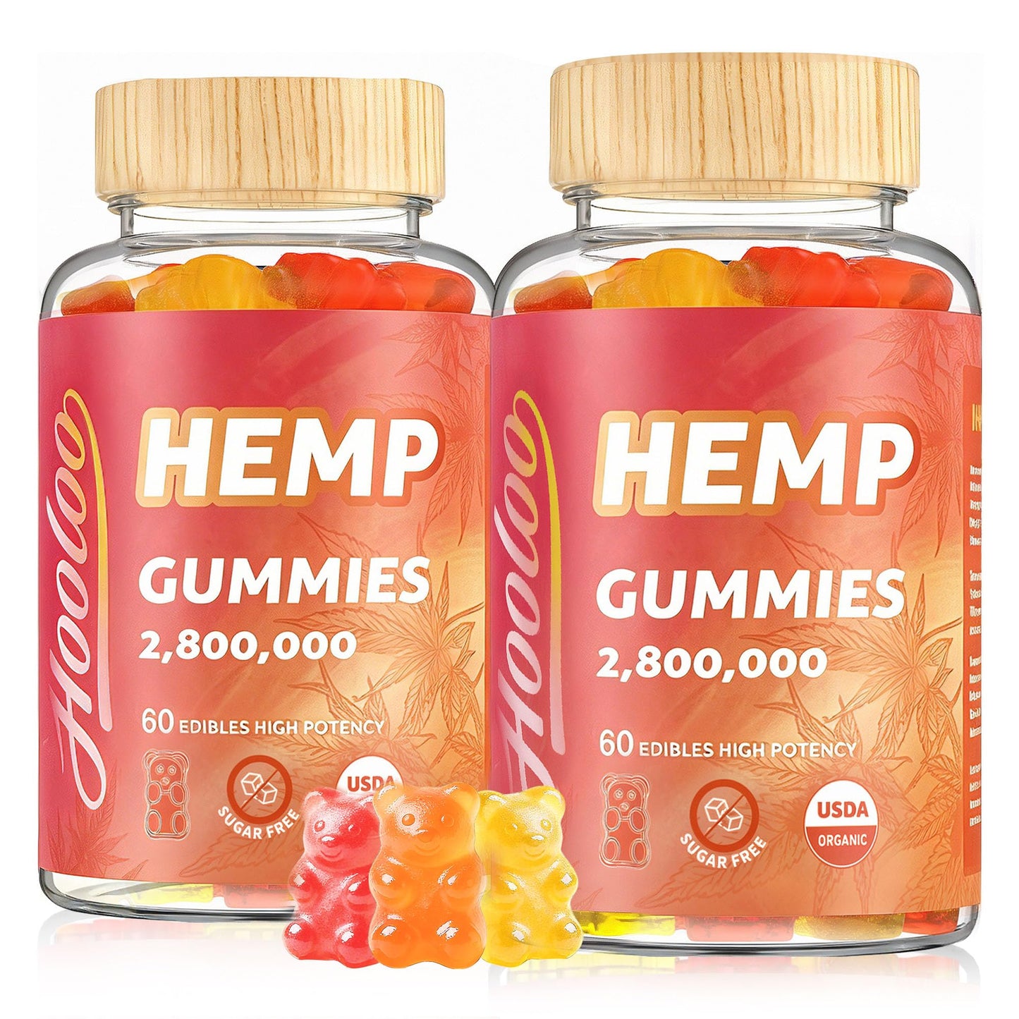 HOOLOO Hemp Gummies for Happier Bedtimes & Focus, Extra Strength 2,800,000 Hemp Oil Infused, Gummy Bears Fruity, Sugar Free, Made in USA, 120 Gummies