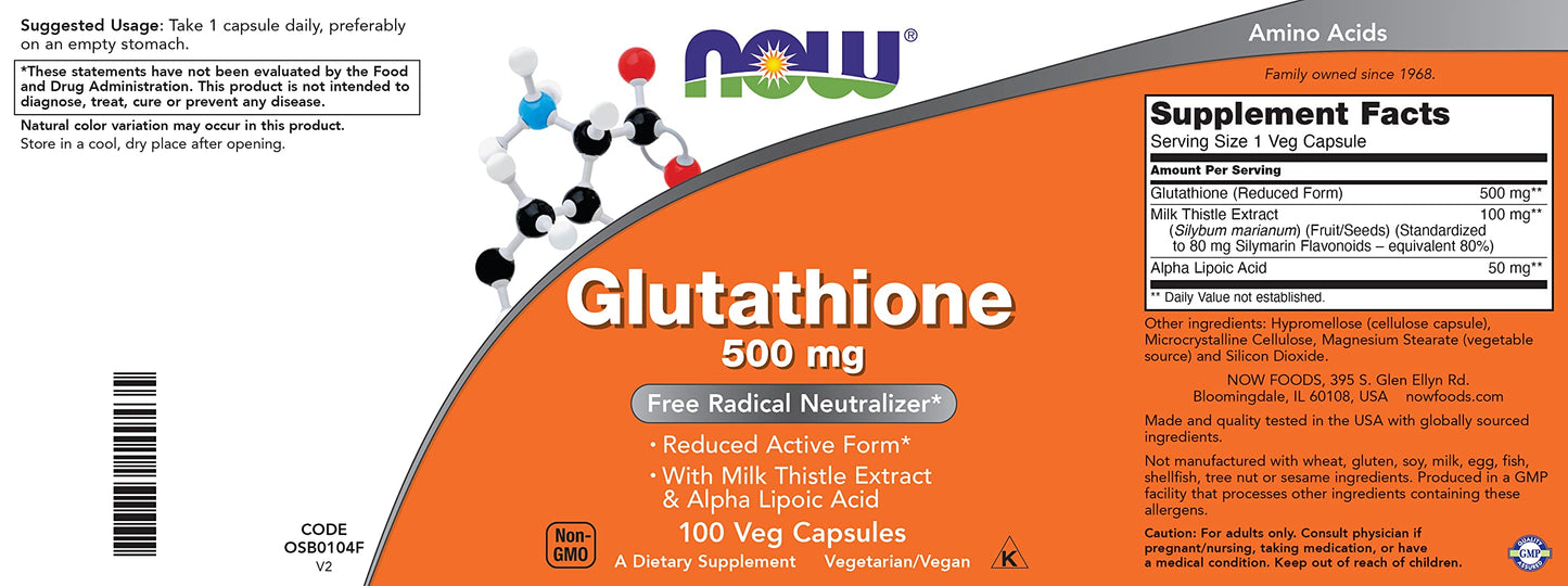 NOW Foods Glutathione 500 mg Capsules, 200 Capsules