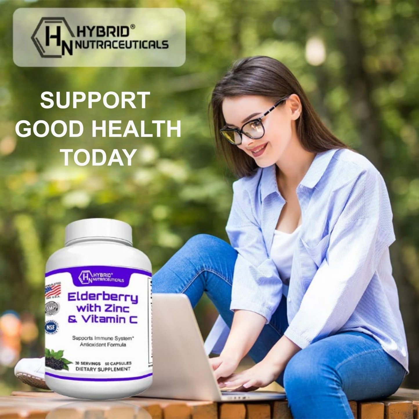 Hybrid Nutraceuticals Black Elderberry Capsules with Echinacea, Turmeric, Garlic, Zinc, Vitamins C, E and B6, Probiotics and L-Glutamine, 60 Capsules