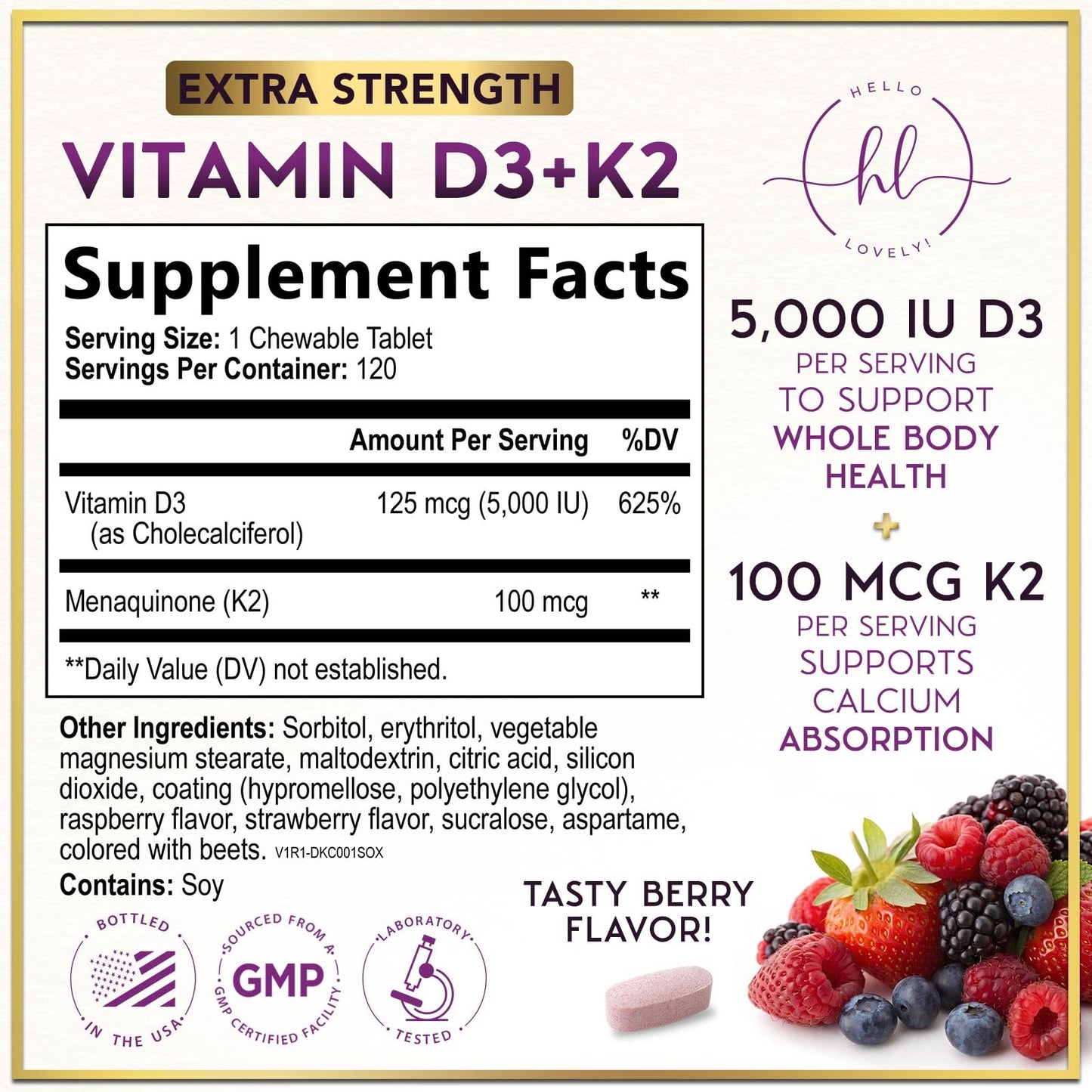 Hello Lovely! Vitamin D3 K2 (MK-7) Complex - 5000 IU per Serving for Immune Support and Bone Health - Berry Chewable, Gluten Free, 120 Tablets