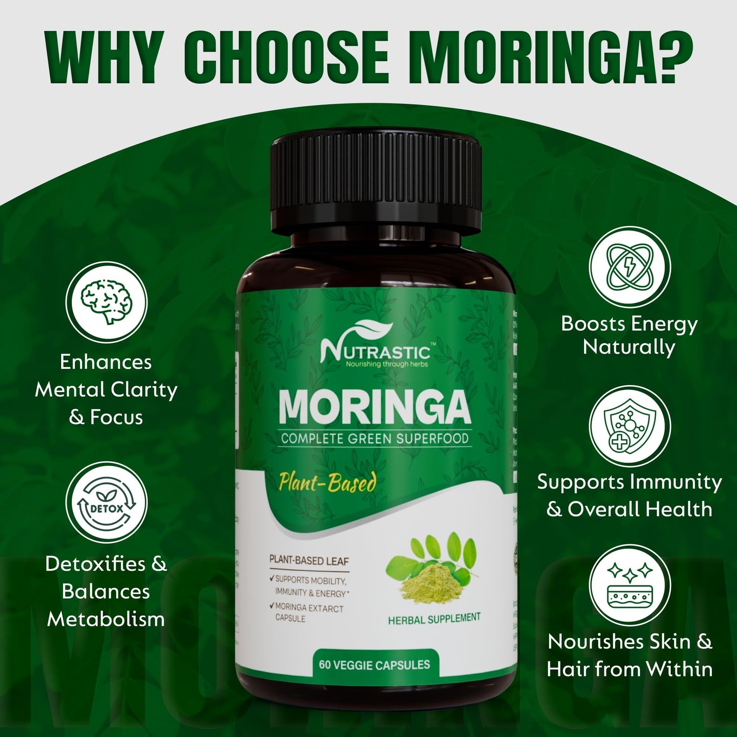 Nutrastic Organic Moringa Supplement 500mg Capsules, 60 Count