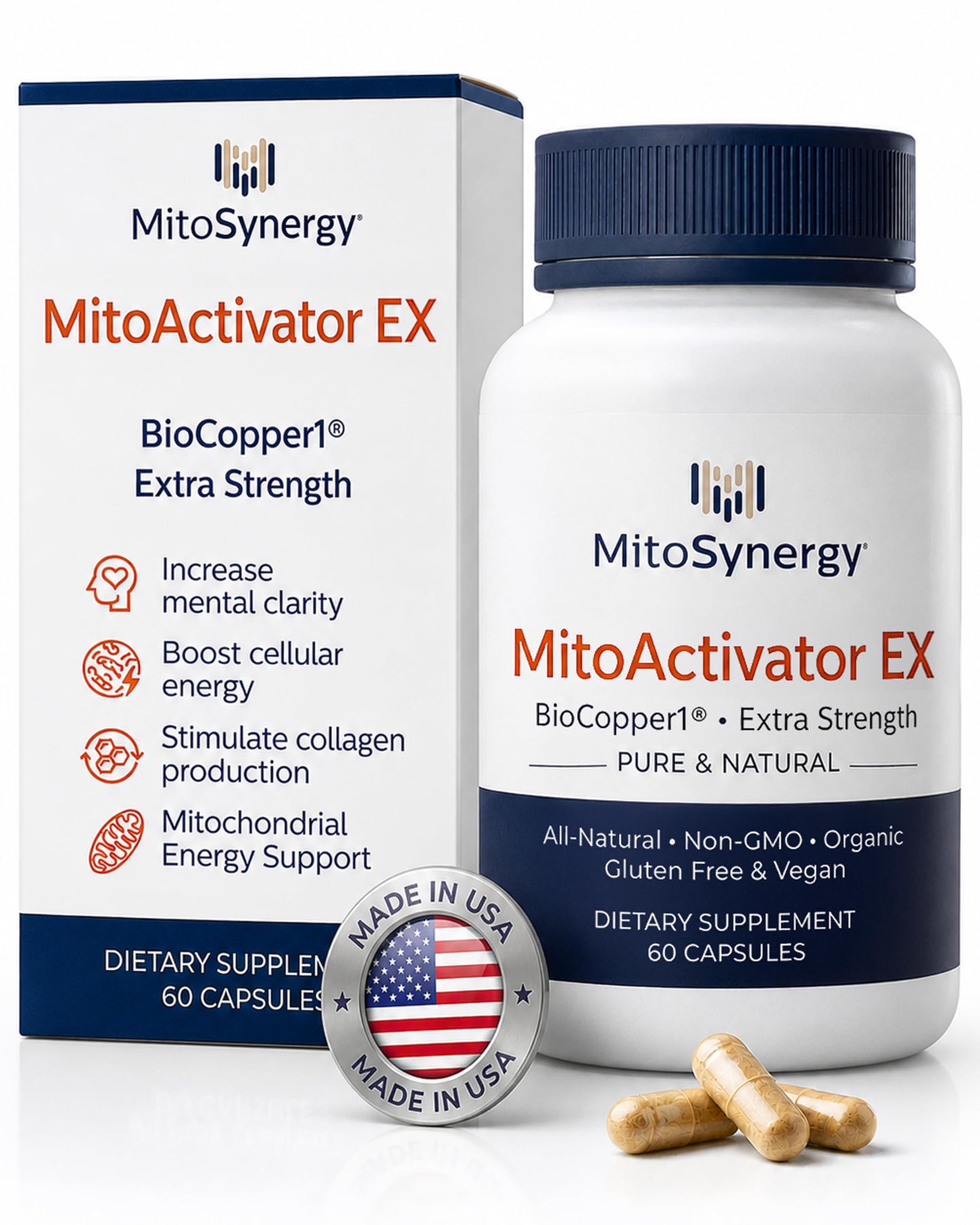 MitoSynergy MitoActivator EX BioCopper1 Cu1 (Cunermuspir) 0.5mg Extra Strength Bioavailable Copper - Mitochondrial NAD+ ATP Booster, Anti-Aging, Anti-Graying, Immune Support, 60 Capsules