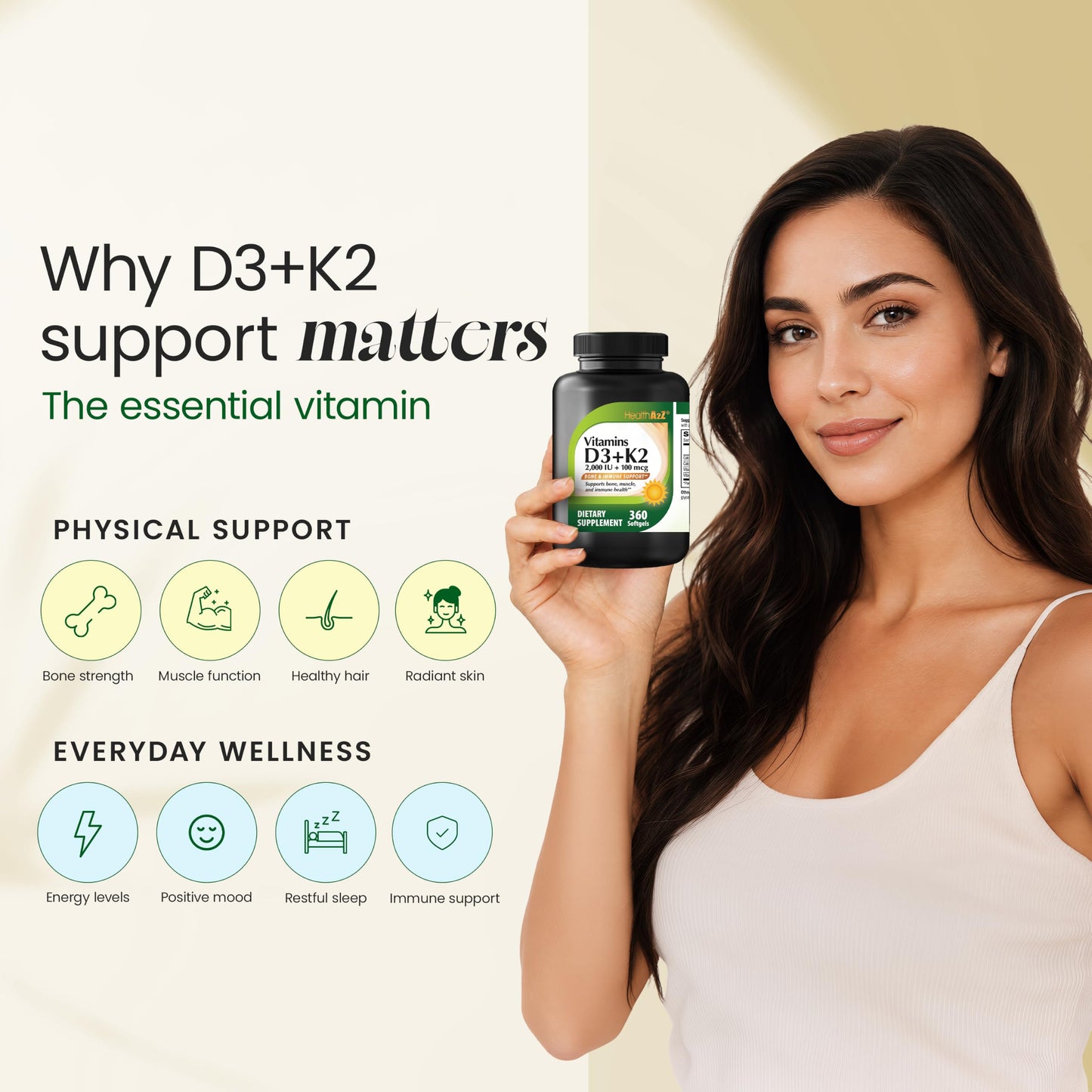 HealthA2Z Vitamin D3 (2,000 IU) + K2 (100mcg) Softgels, 360 Count