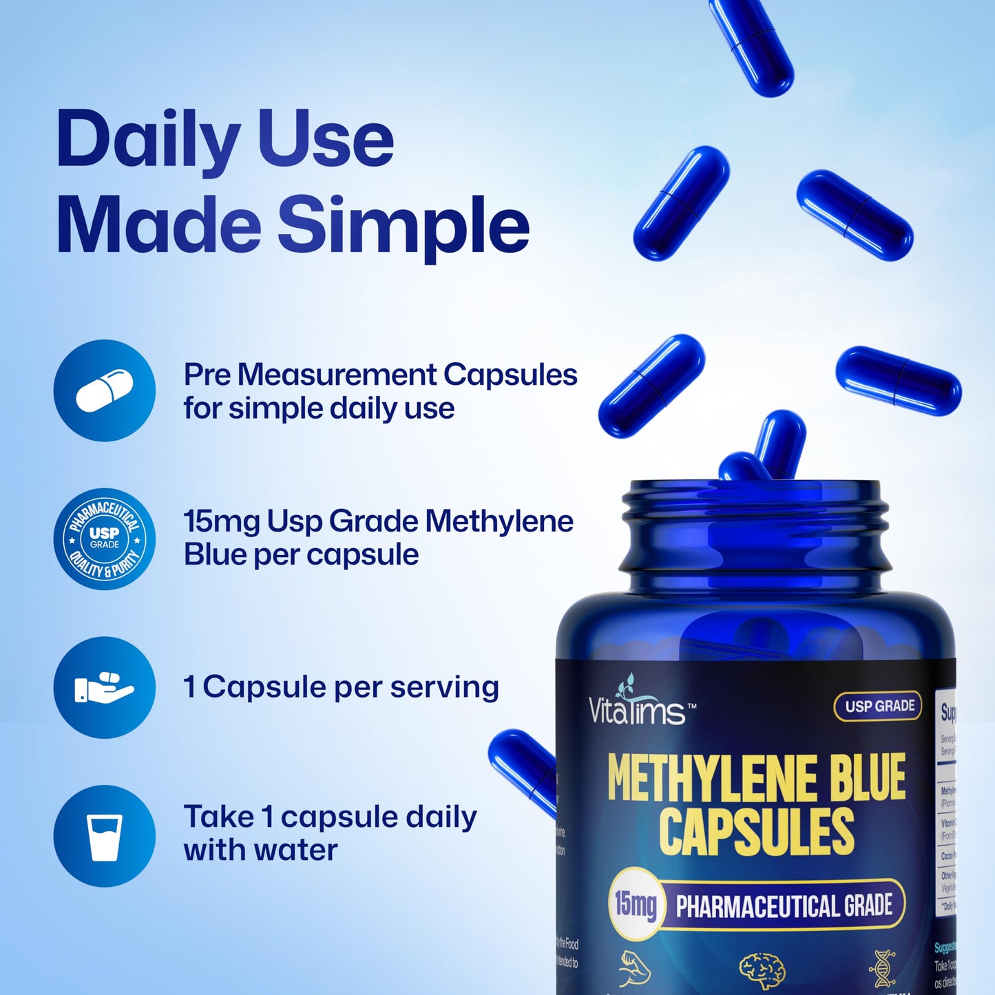 Vitatims Methylene Blue 15mg Capsules, 60 Count
