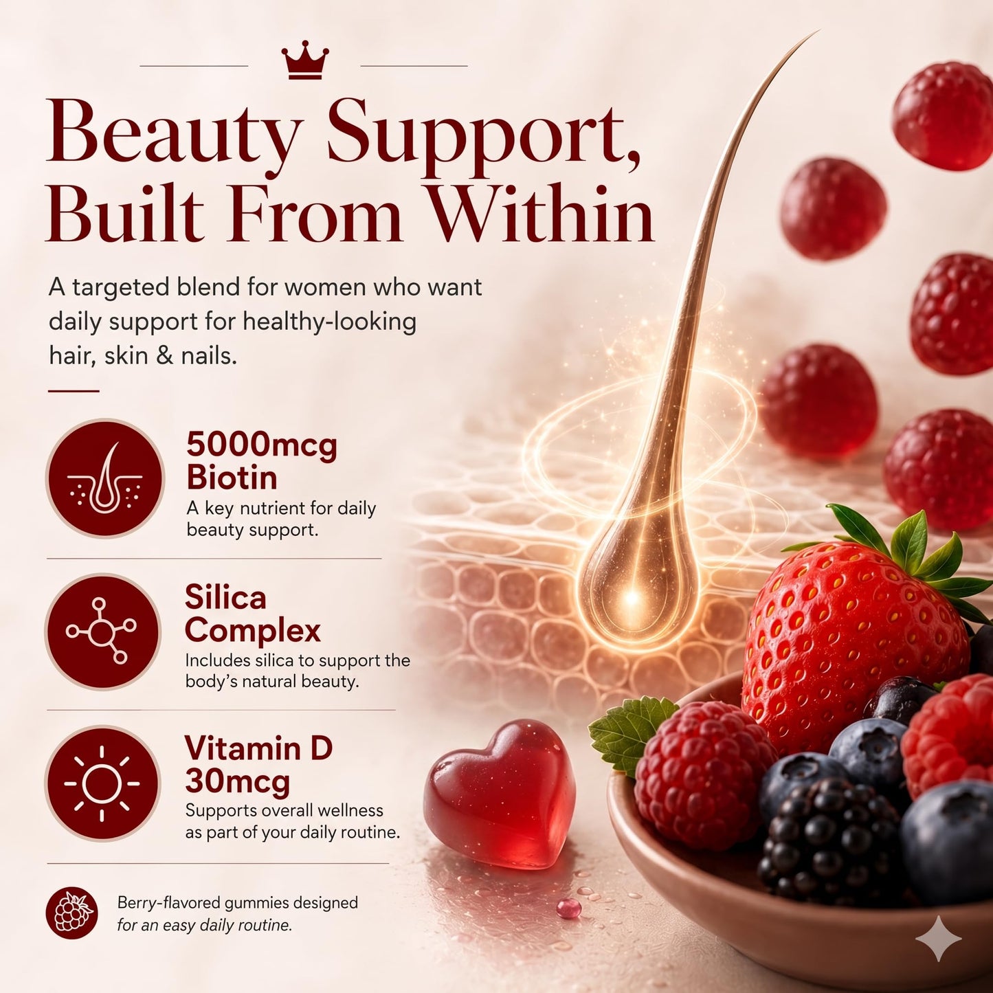 SUUDUUL Hair Growth Gummies for Black Women with Biotin-Silica Complex (5000mcg Biotin) & Vitamin D (30mcg), Supports Hair, Skin & Nails Health, Non-GMO, 60 Gummies