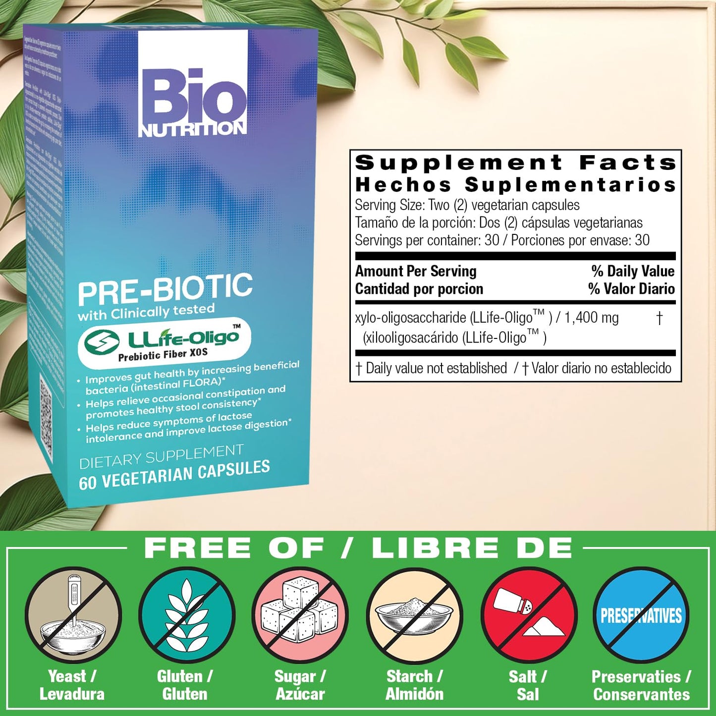 Bio Nutrition Pre-Biotic with Life-Oligo® Prebiotic Fiber XOS 60 Capsules