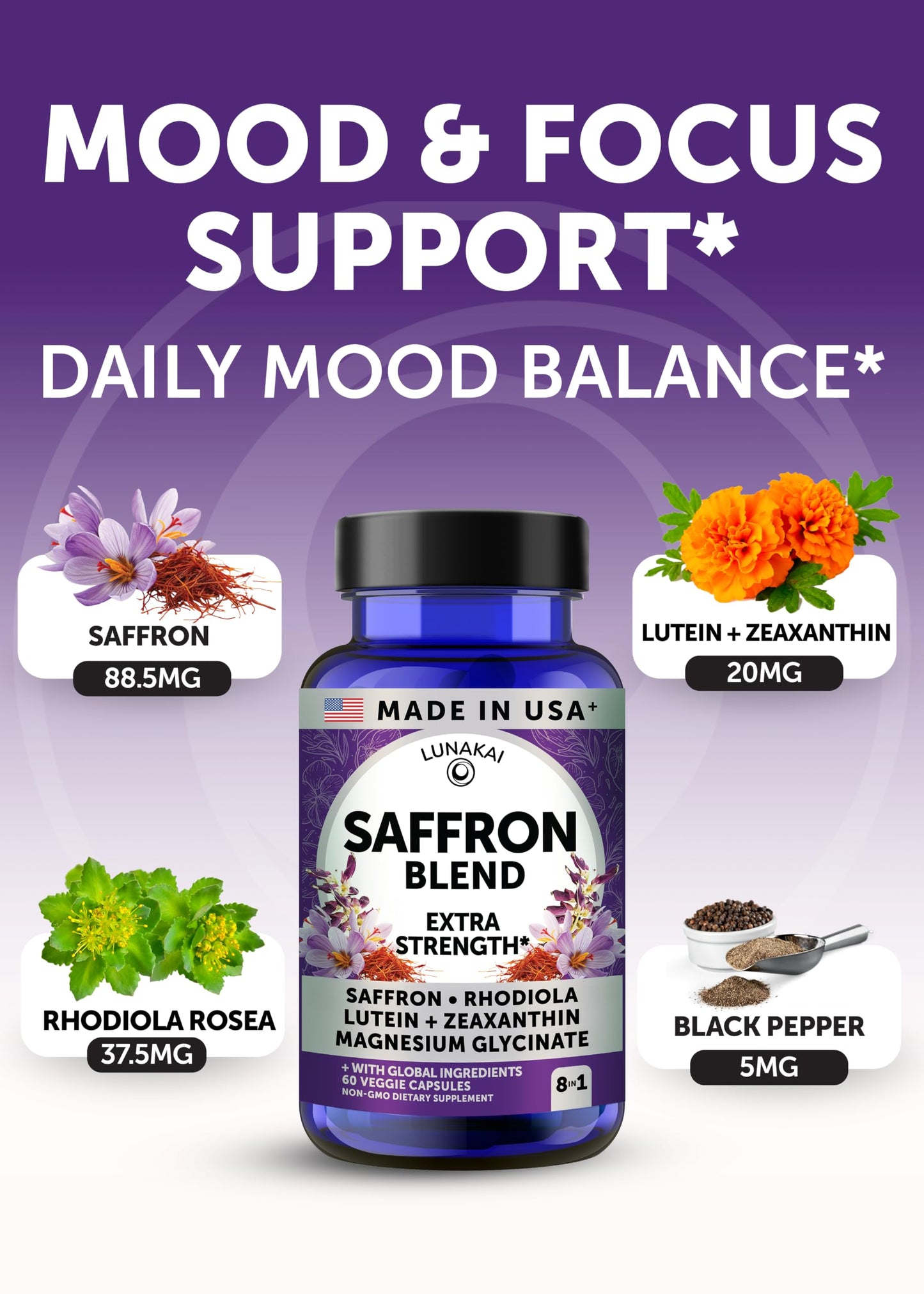 Lunakai Saffron+ 88.5mg Capsules 60 Count