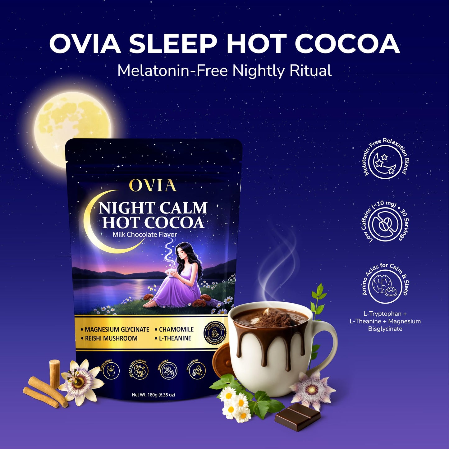 OVIA Night Calm Melatonin-Free Magnesium Mushroom Hot Cocoa Powder 6.35 oz