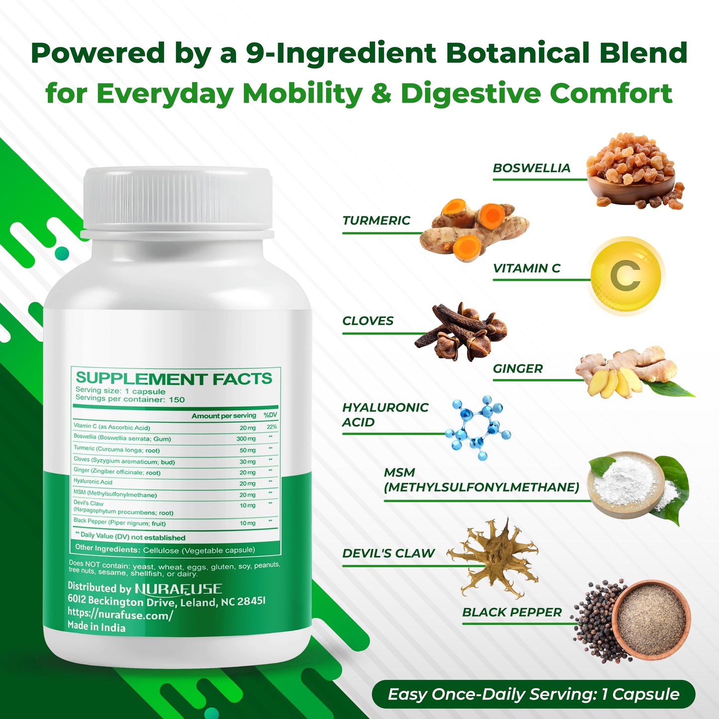NURAFUSE Boswellia with Cloves, Ginger, Turmeric, Vitamin C, Hyaluronic Acid, MSM, Devil's Claw Capsules 150