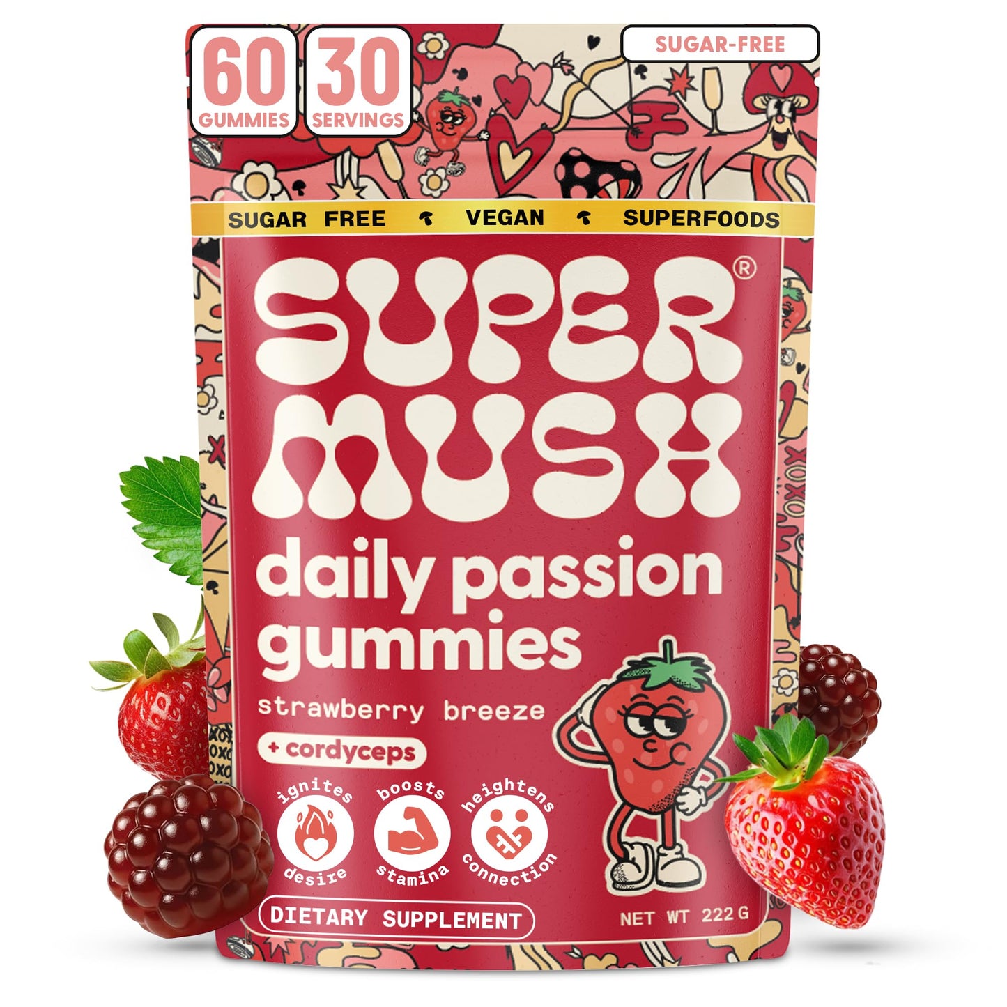 SuperMush Daily Passion Horny Goat Weed Gummies with Cordyceps, Reishi & Maca Root, 60 Gummies