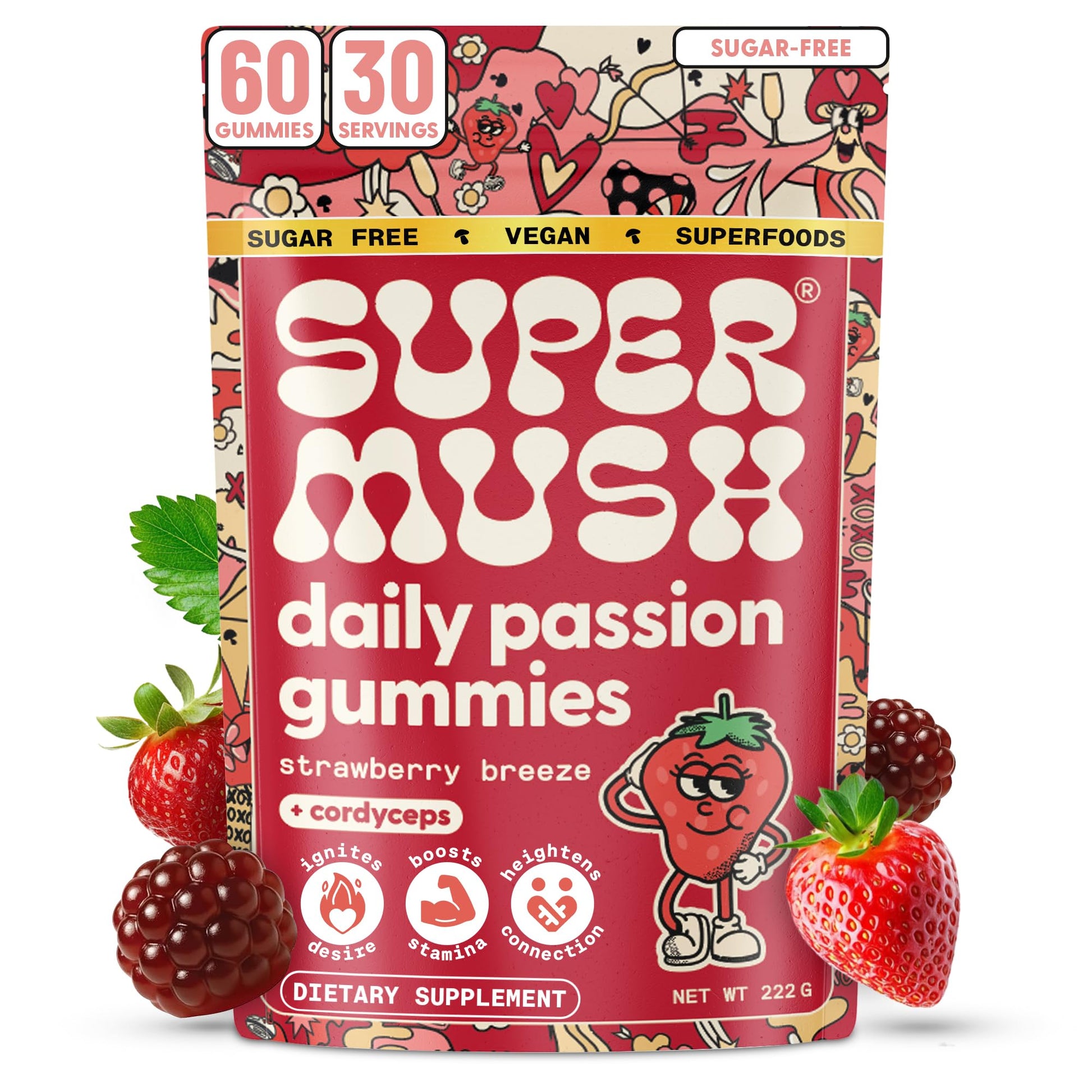 SuperMush Daily Passion Horny Goat Weed Gummies with Cordyceps, Reishi & Maca Root, 60 Gummies