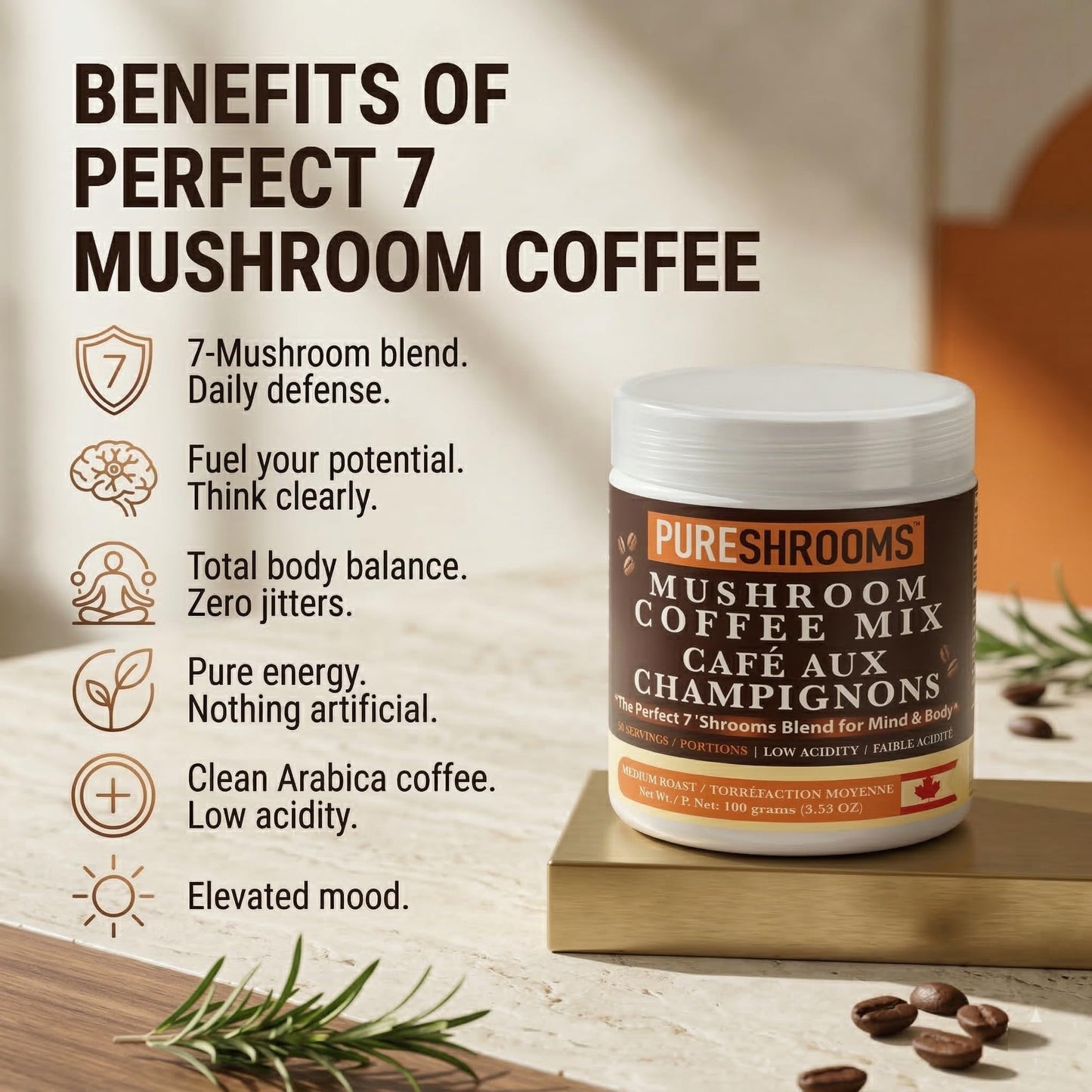 PureShrooms Perfect 7 Mushroom Coffee Powder, 50 Servings