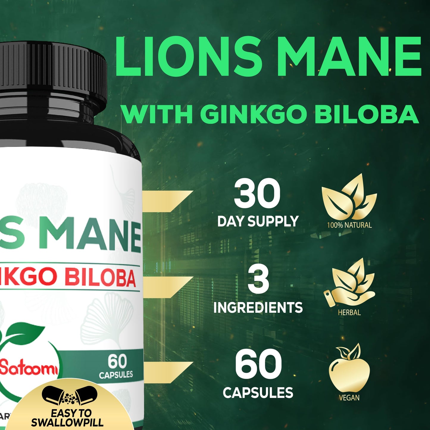 Satoomi Lions Mane with Ginkgo Biloba Supplement Capsule 60 Count
