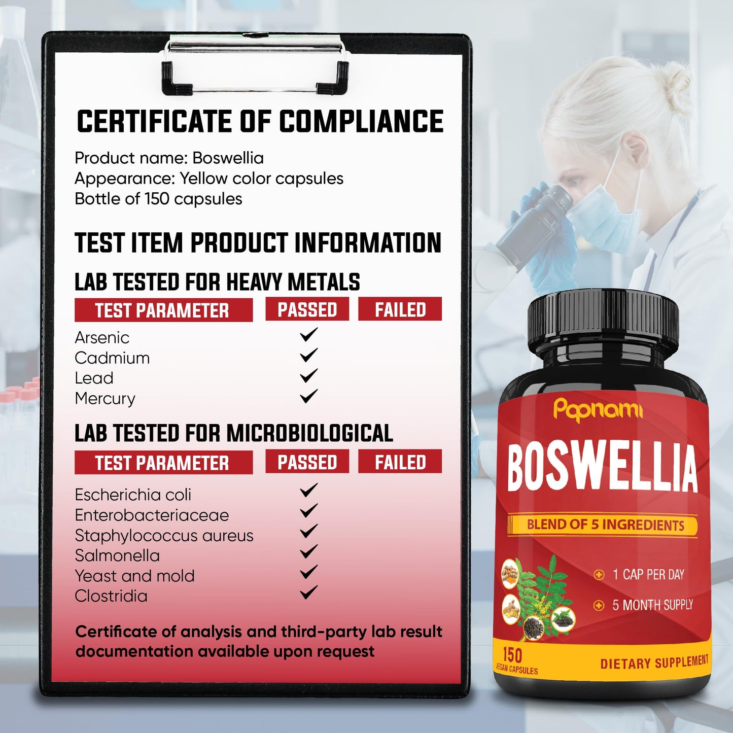 Papnami Boswellia Serrata Extract Capsules with Turmeric, Ginger, Pepper, Green Tea, 150 Capsules
