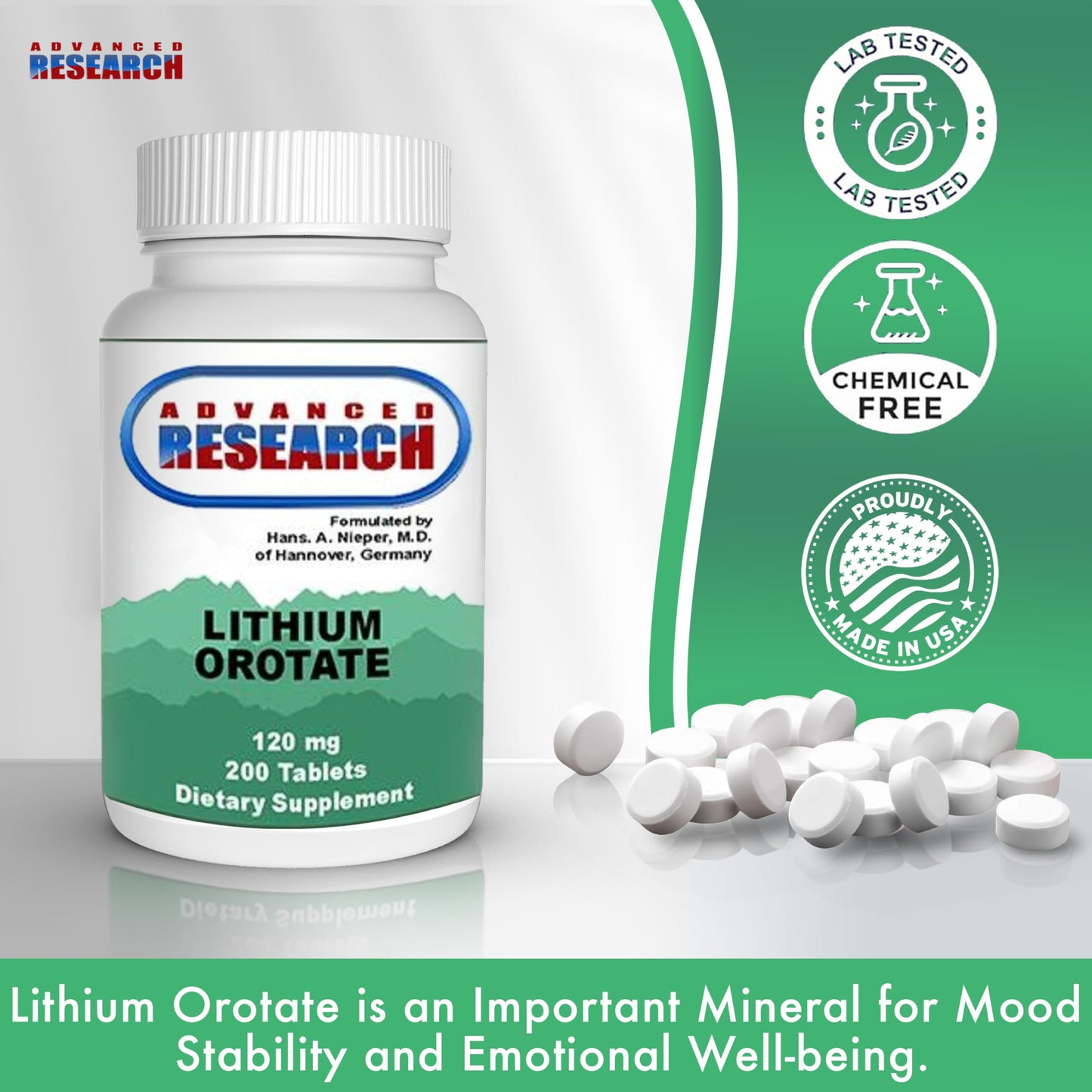 NCI Advanced Research Dr. Hans Nieper Lithium Orotate 5mg Tablets 200 Count