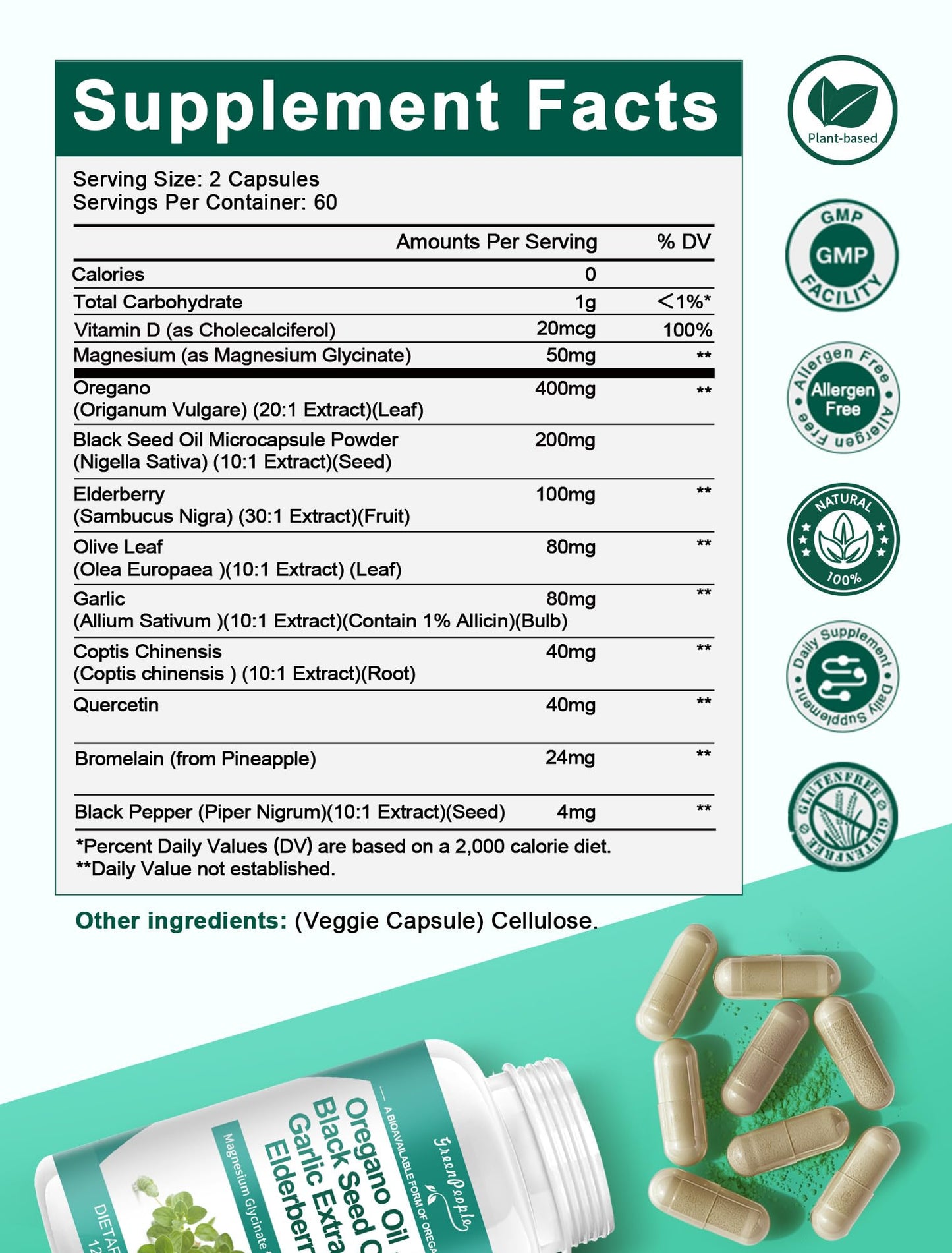 GREENPEOPLE Organic Oregano Oil Capsules – 11-in-1 Blend with Black Seed Oil, Elderberry, Garlic, Olive Leaf, Magnesium & Black Pepper for Absorption – Immune, Respiratory & Digestive Support – Vegan, Non-GMO, 120 Capsules