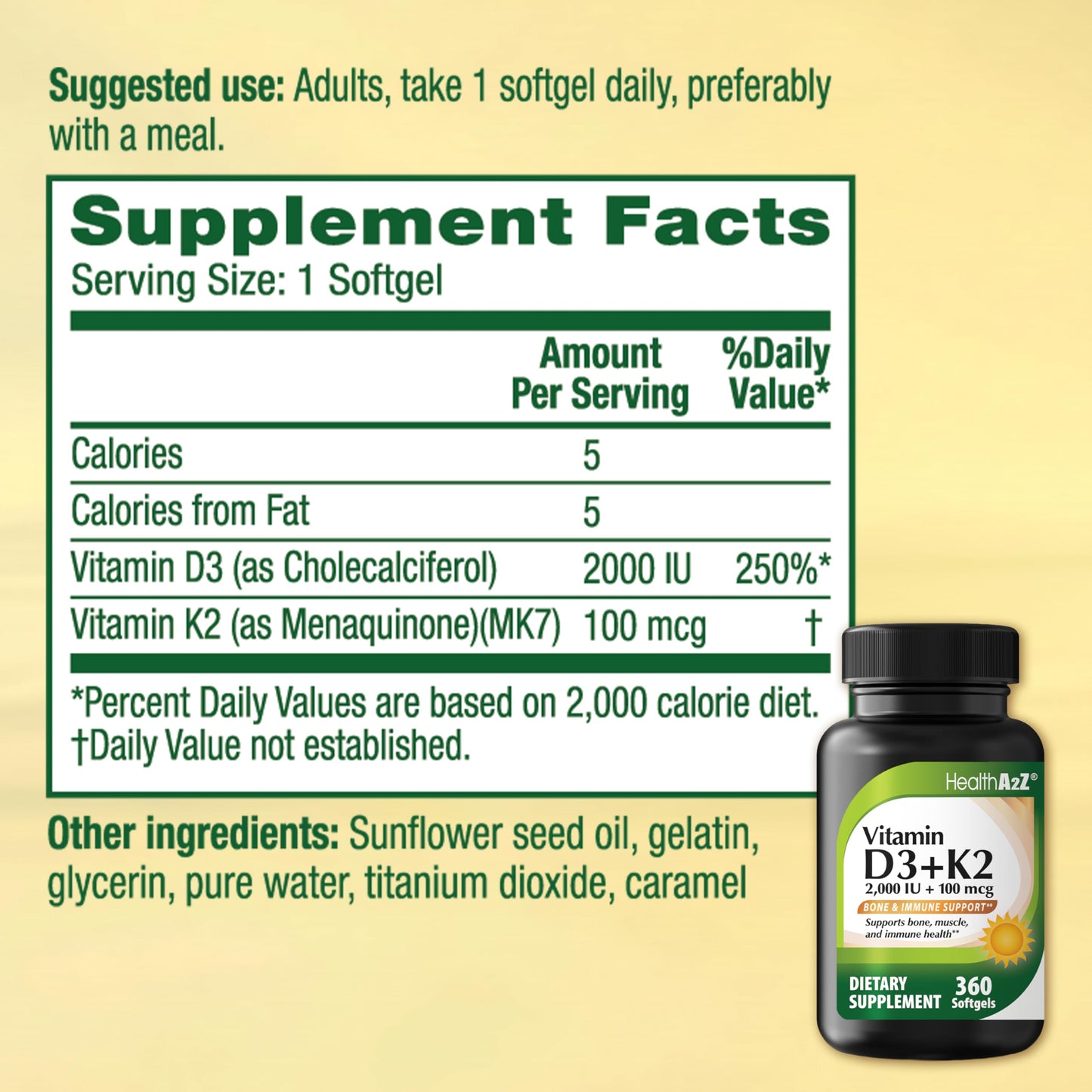 HealthA2Z Vitamin D3 (2,000 IU) + K2 (100mcg) Softgels 360