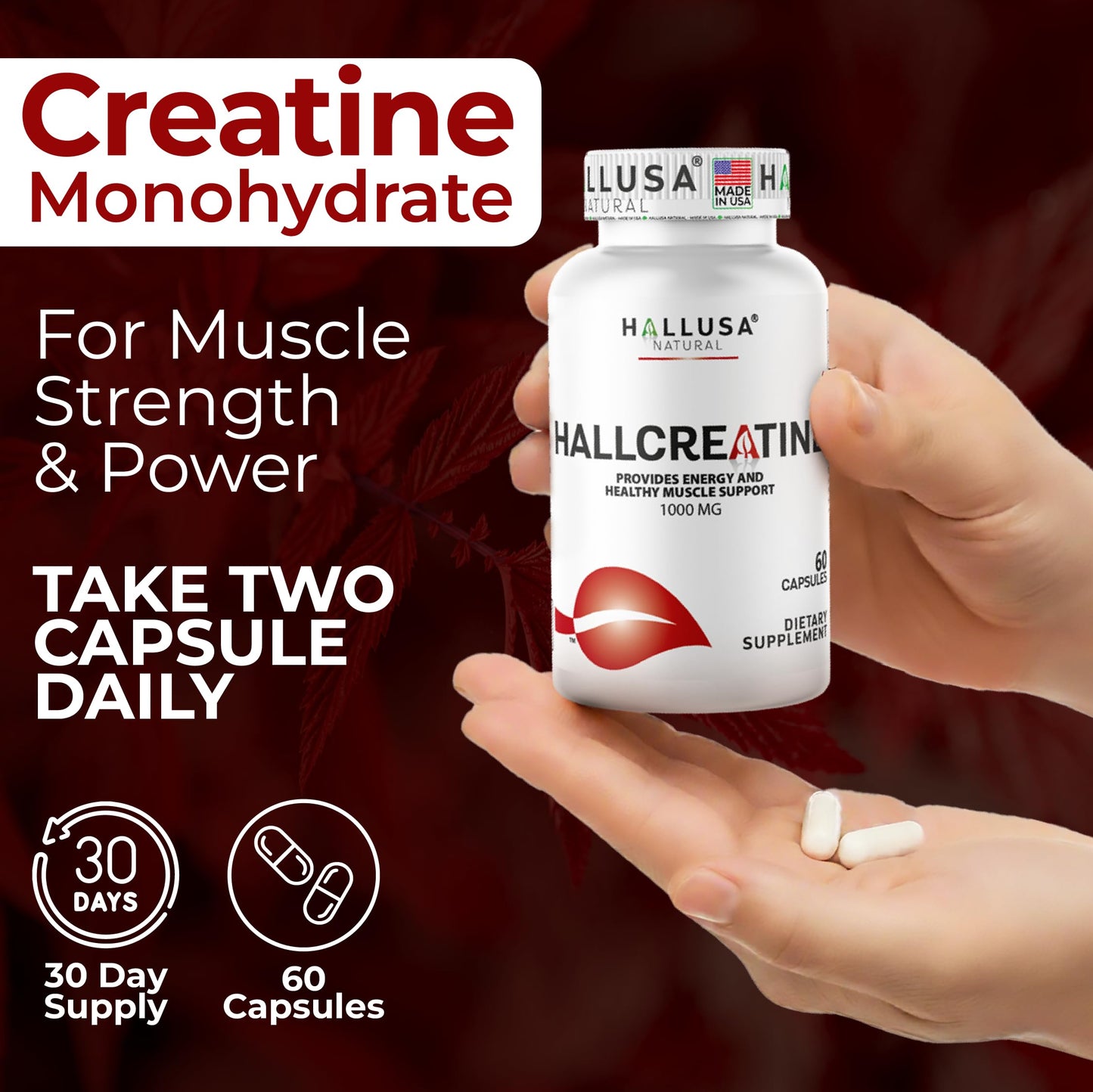Hallusa Natural Creatine Monohydrate Capsules, 60 Capsules