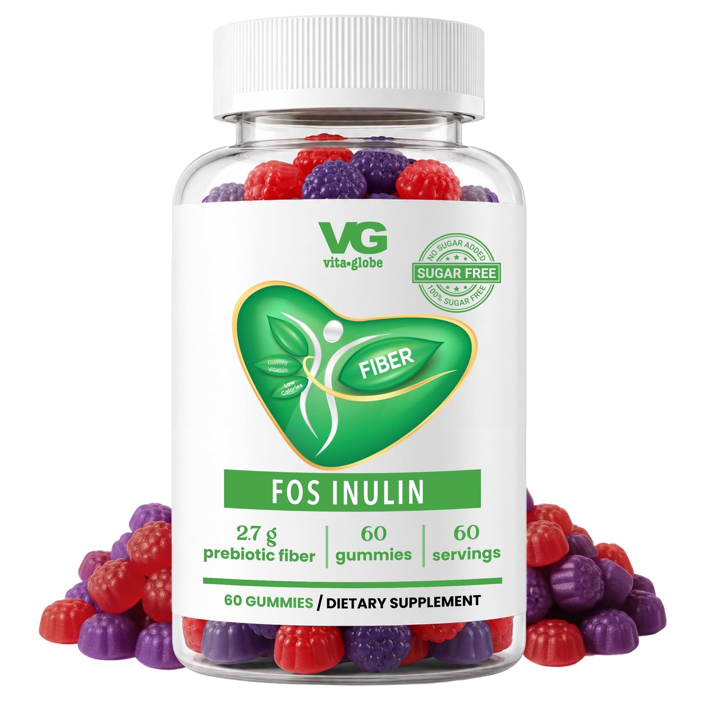 VITA GLOBE Prebiotic Fiber Gummies with FOS Inulin, Sugar Free, Non-GMO, 60 Count