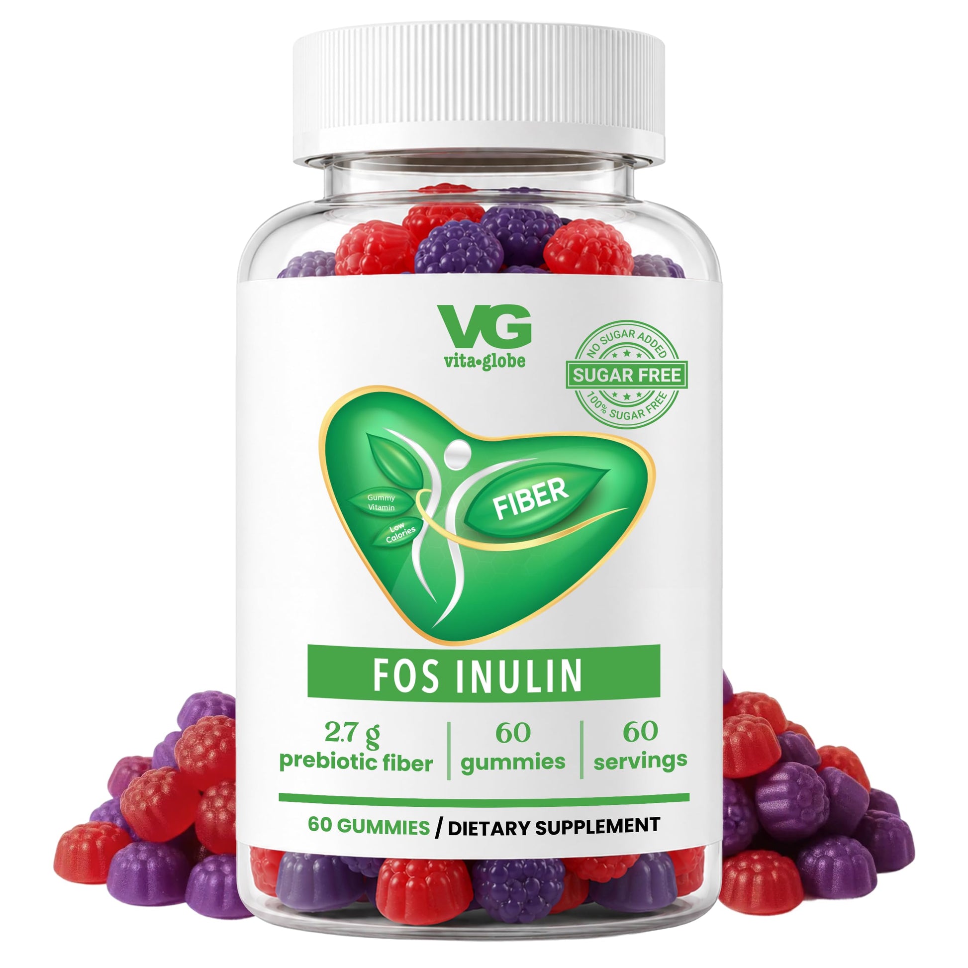 VITA GLOBE Prebiotic Fiber Gummies with FOS Inulin, Sugar Free, Non-GMO, 60 Count