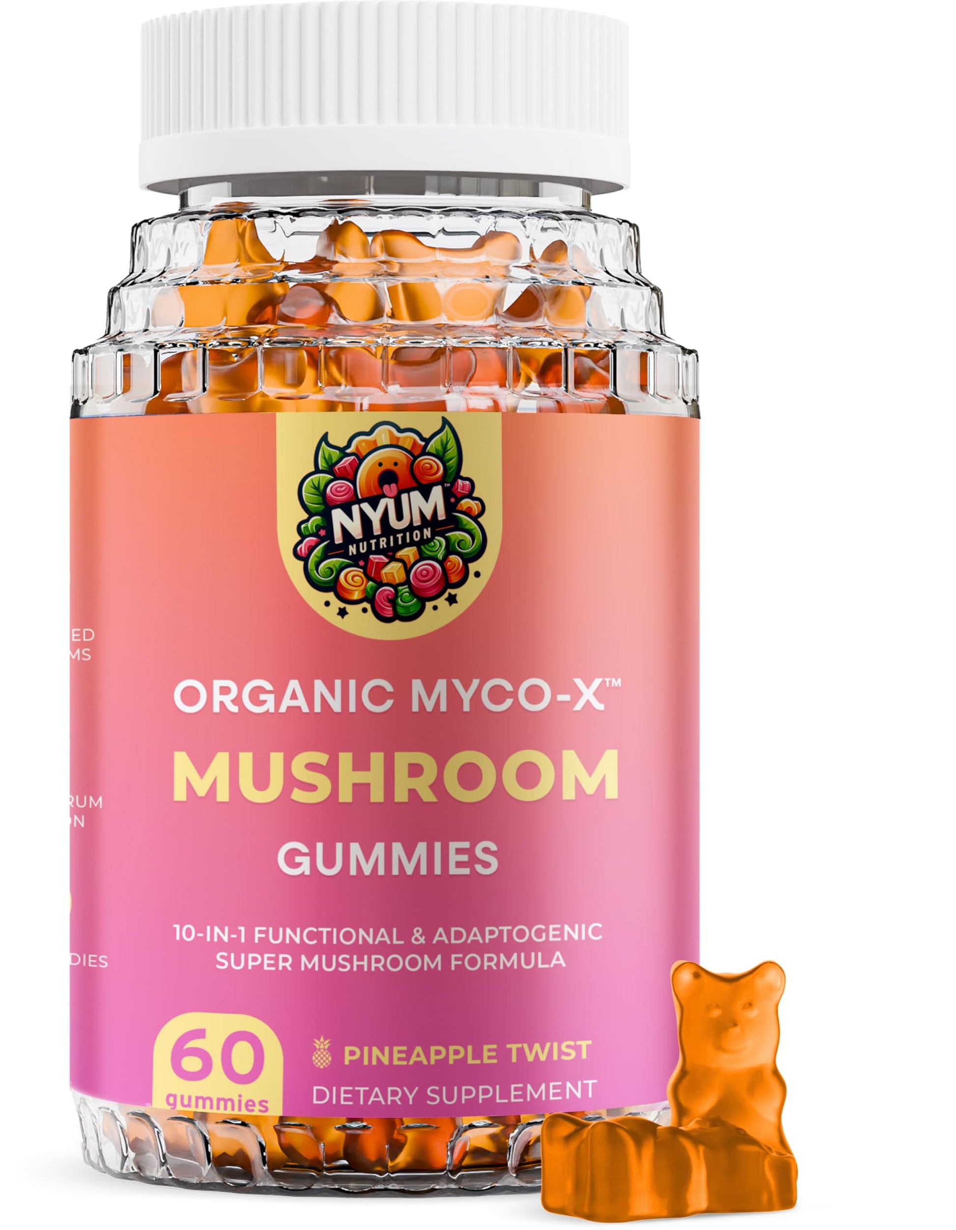FUCOIDAN FORCE MYCO-X Mushroom Gummies, Organic, 10-in-1 Formula, Pineapple Twist, 60 Count