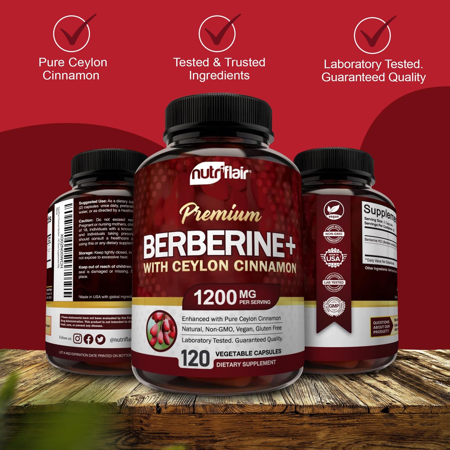 NutriFlair Premium Berberine HCL 1200mg Capsules, 120 Count