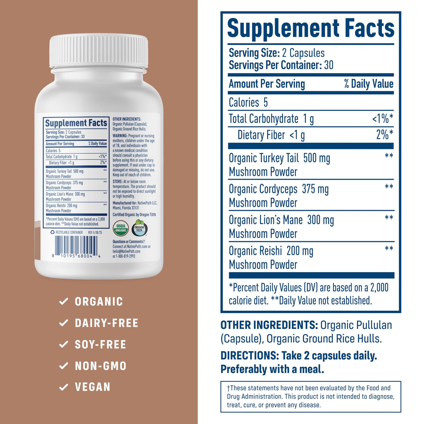 NativePath Mushroom Complex 1375mg Capsules, 60 Count