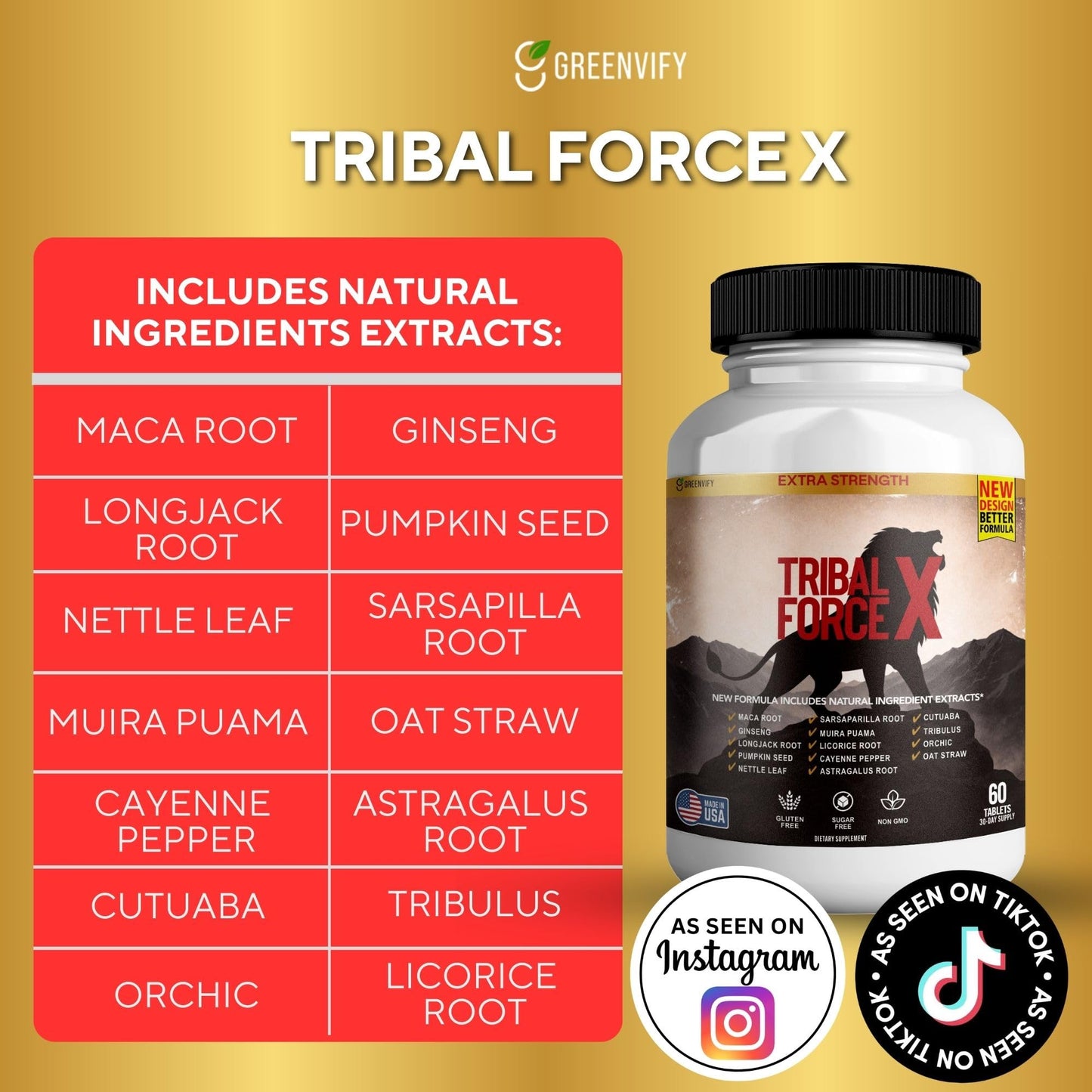 GREENVIFY Tribal Force X Men's Daily Wellness Supplement Extra Strength Formula, 60 Capsules