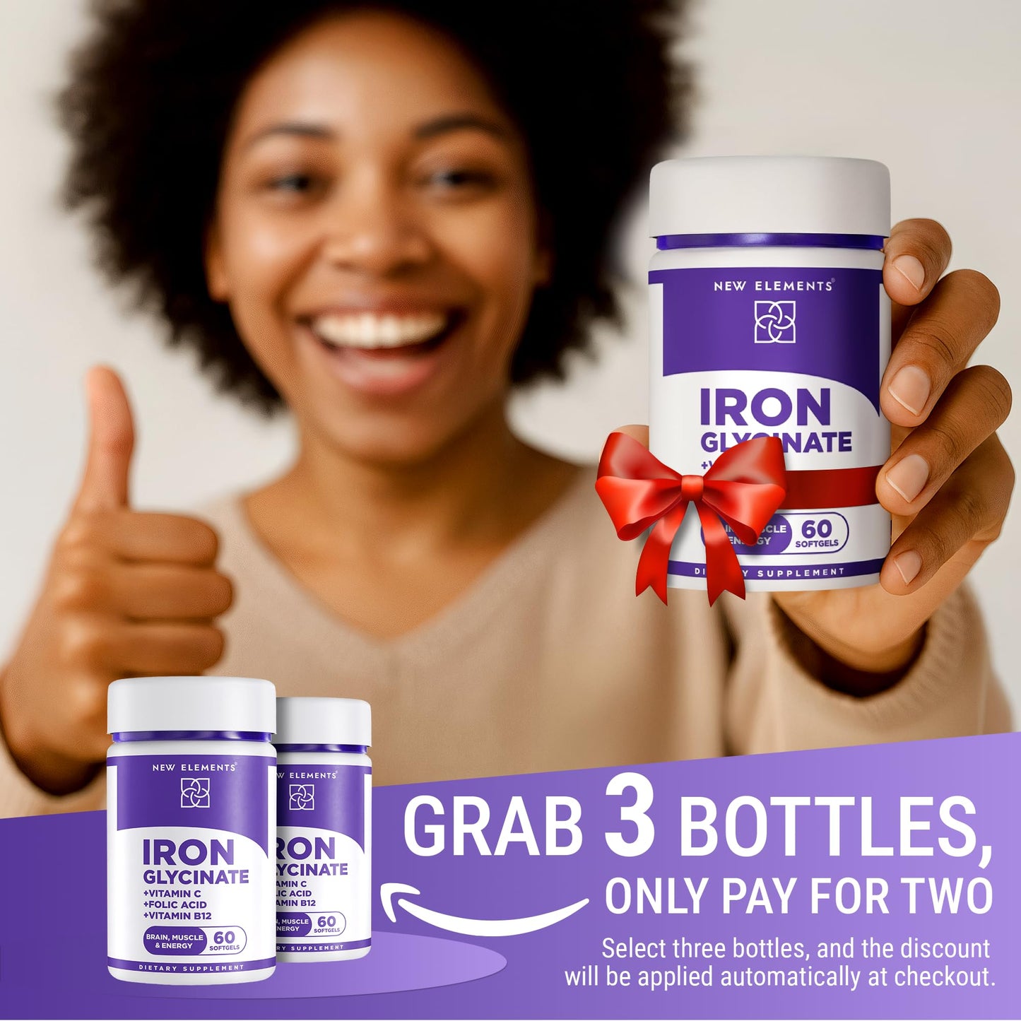New Elements Iron Glycinate 50mg + Vitamin C, Folic Acid 1000mcg, Vitamin B12 Softgels, 60 Count
