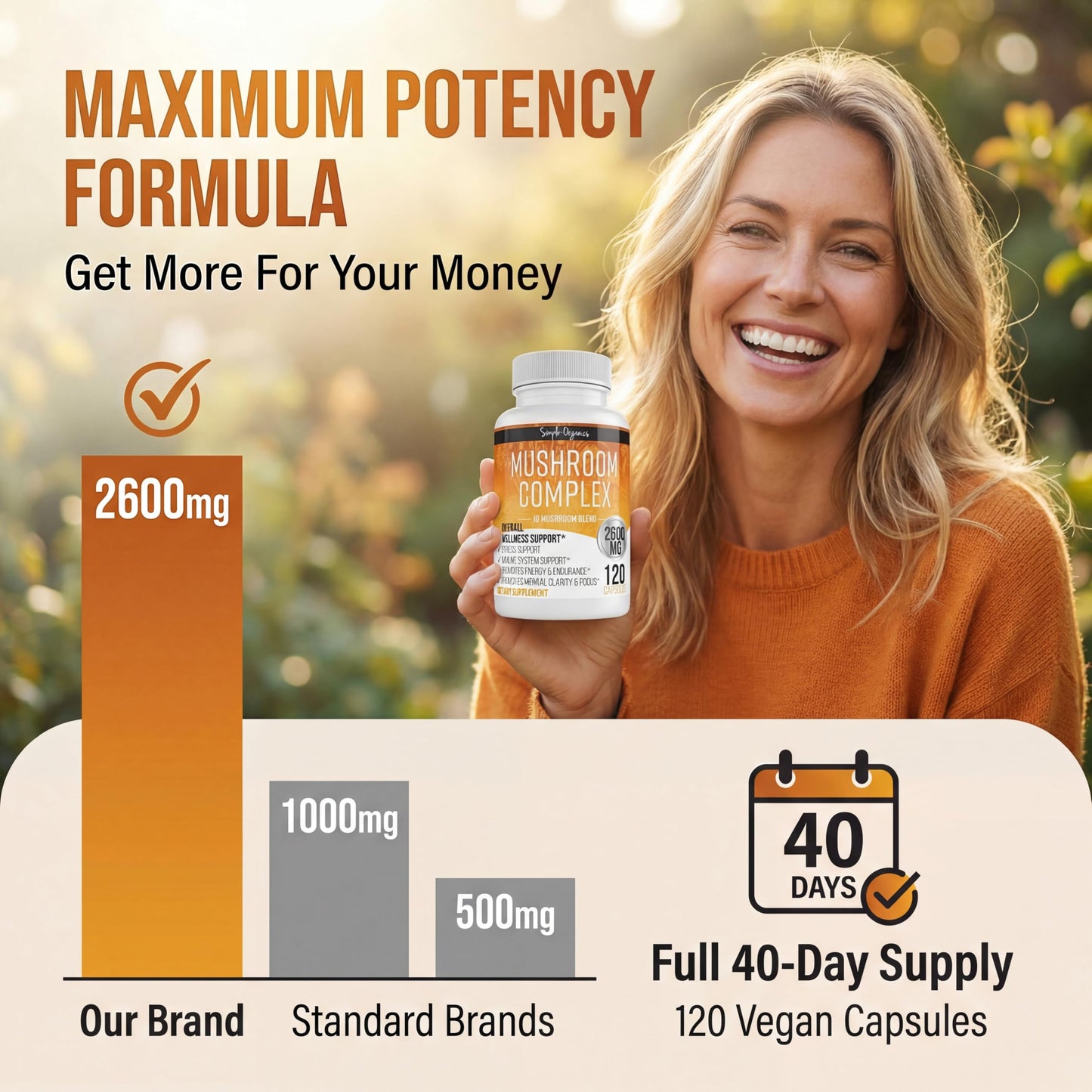 Simple-Organics 10 Mushroom Brain Supplement for Memory & Focus 2600mg 120 Capsules