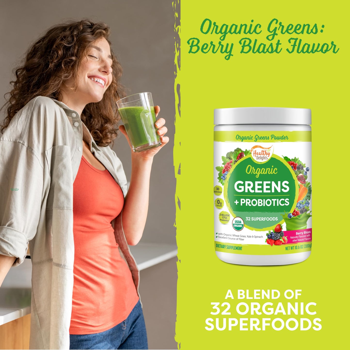 Healthy Delights Organic Greens + Probiotics Powder Berry Flavor, 10.5 Ounce