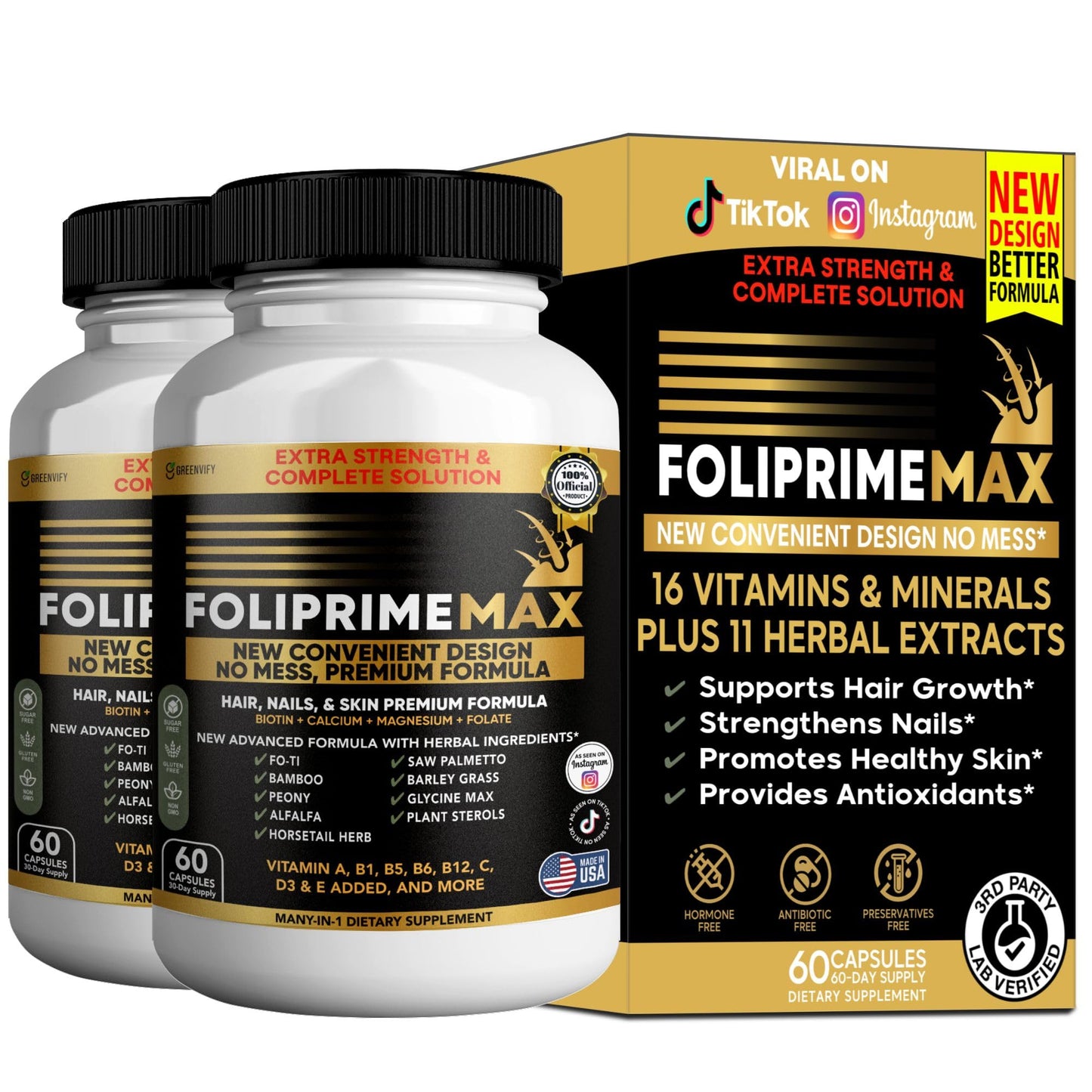 GREENVIFY Foliprime Max Hair, Nails & Skin Supplement with Biotin, Vitamins, Minerals & Herbal Blend, Capsule, 60 Capsules