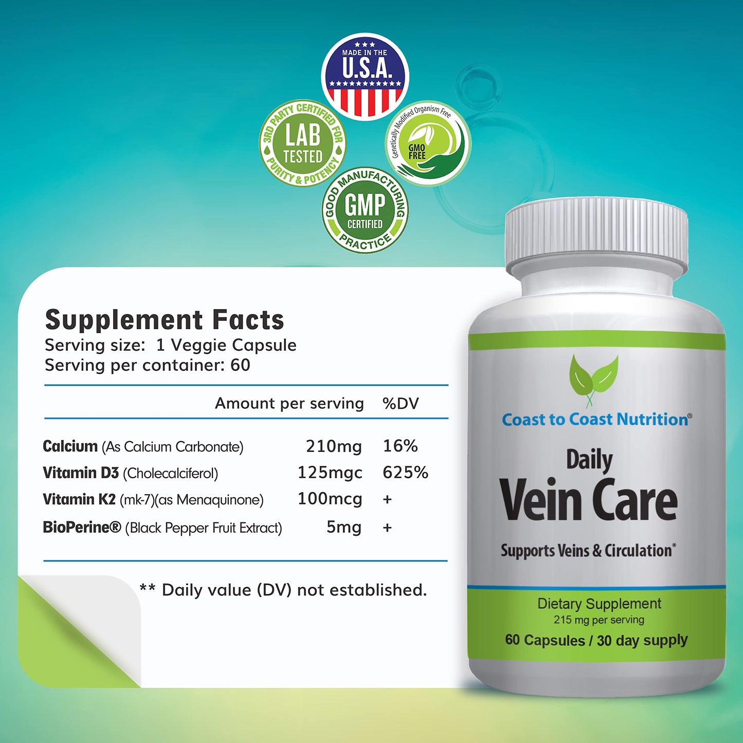 Coast to Coast Nutrition Daily Vein Care Supplement Capsules, 60 Count