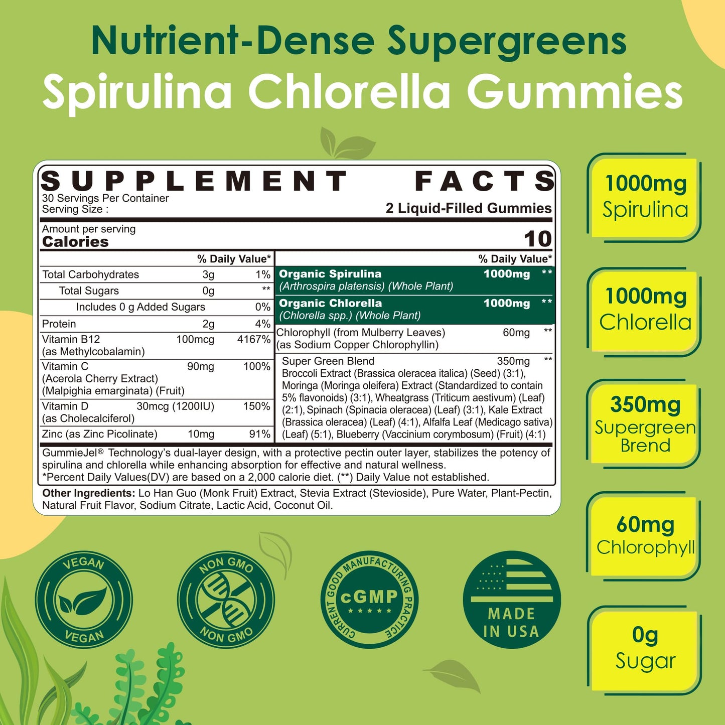Nextdia Organic Spirulina Chlorella Gummies + Super Greens, High in Vegan Protein & Chlorophyll, Green Algae + Broccoli, Moringa, Spinach, C, D3, Zinc, B12 for Energy, Gut, Immune, Antioxidant, No Sugar, 60 Count