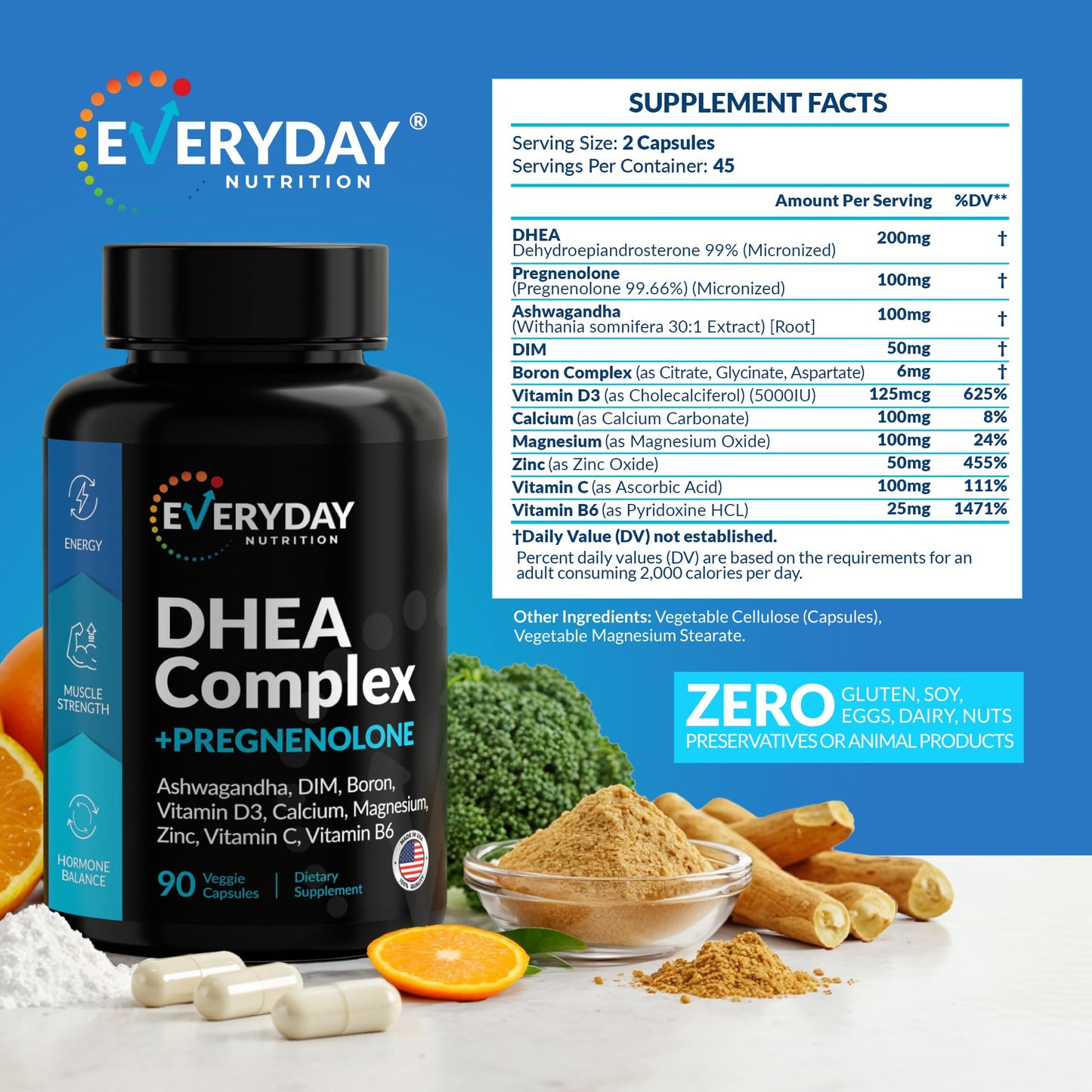 Everyday Nutrition DHEA Micronized 200mg Complex with Pregnenolone 100mg Hormone Support Capsules, 90 Count