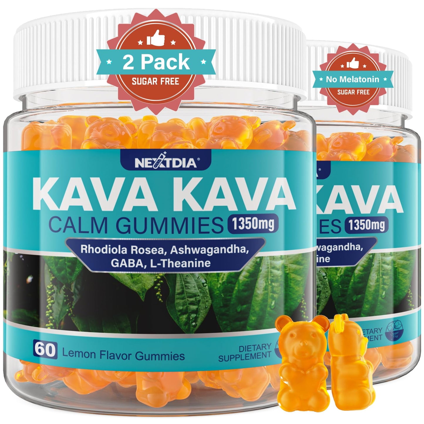 Nextdia Kava Kava Gummies with Ashwagandha, L-Theanine, GABA, Rhodiola Rosea, Sugar Free, Melatonin-Free, 120 Gummies