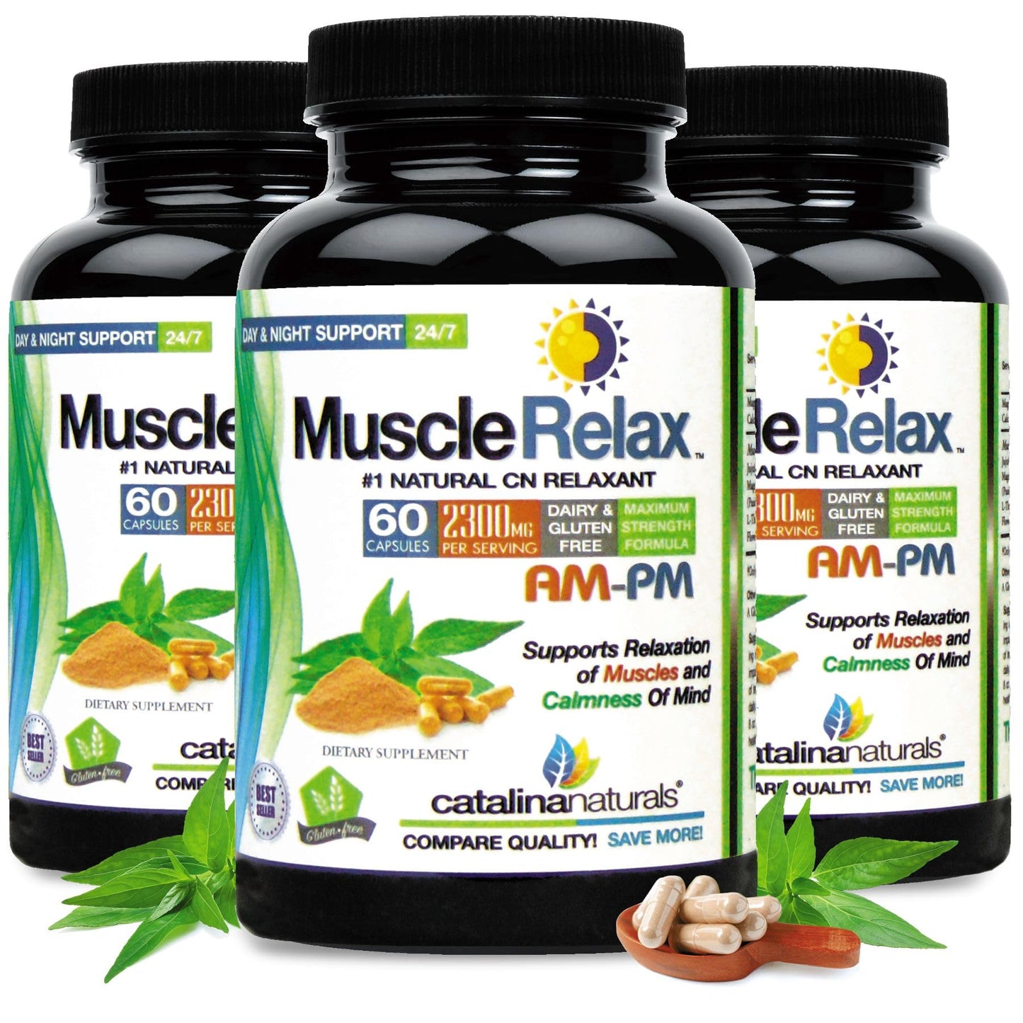 Catalina Naturals The Original Natural Muscle Relaxant AM-PM 24/7 Natural Day/Night Large 2300mg Maximum Strength Plus Magnesium Glycinate Capsule, 60 Count
