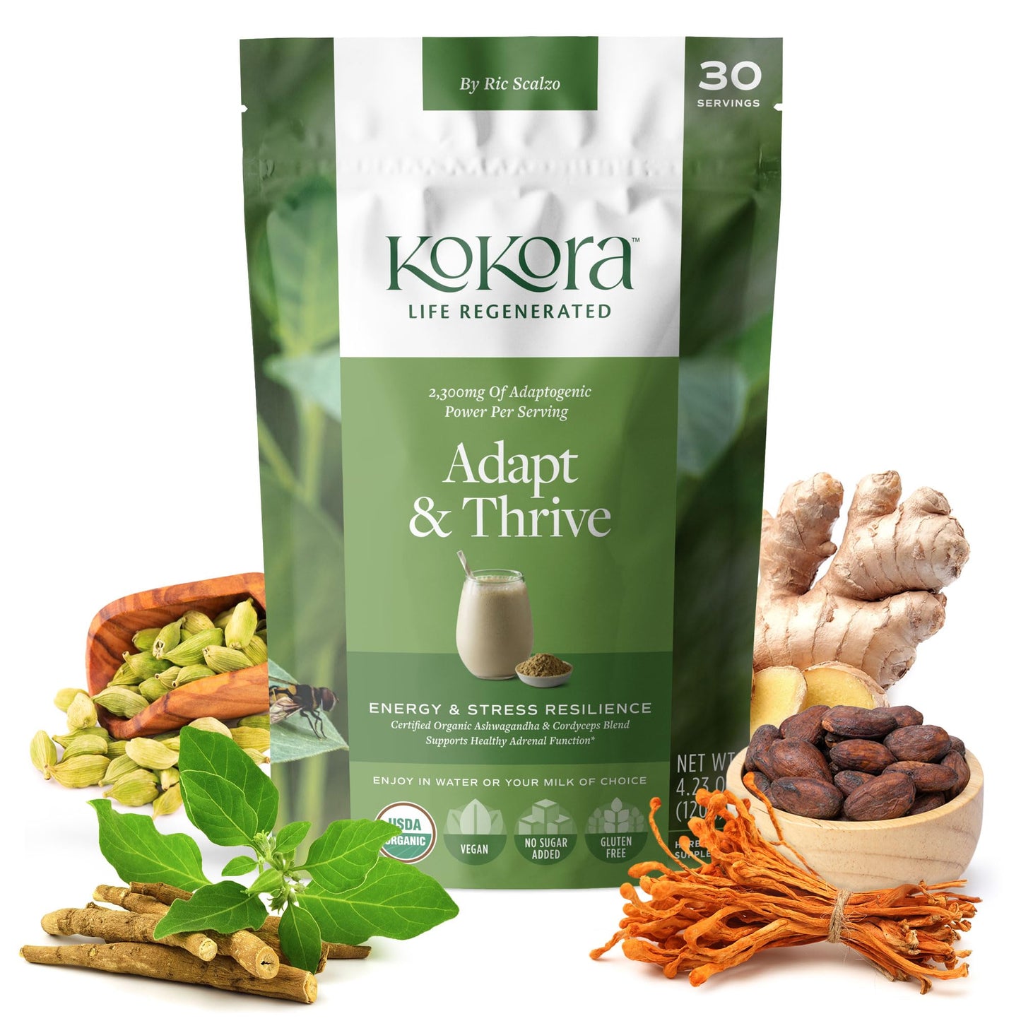 kokora Adapt & Thrive Organic Adaptogenic Mushroom Powder with Ashwagandha and Cordyceps, 4.23 Ounce