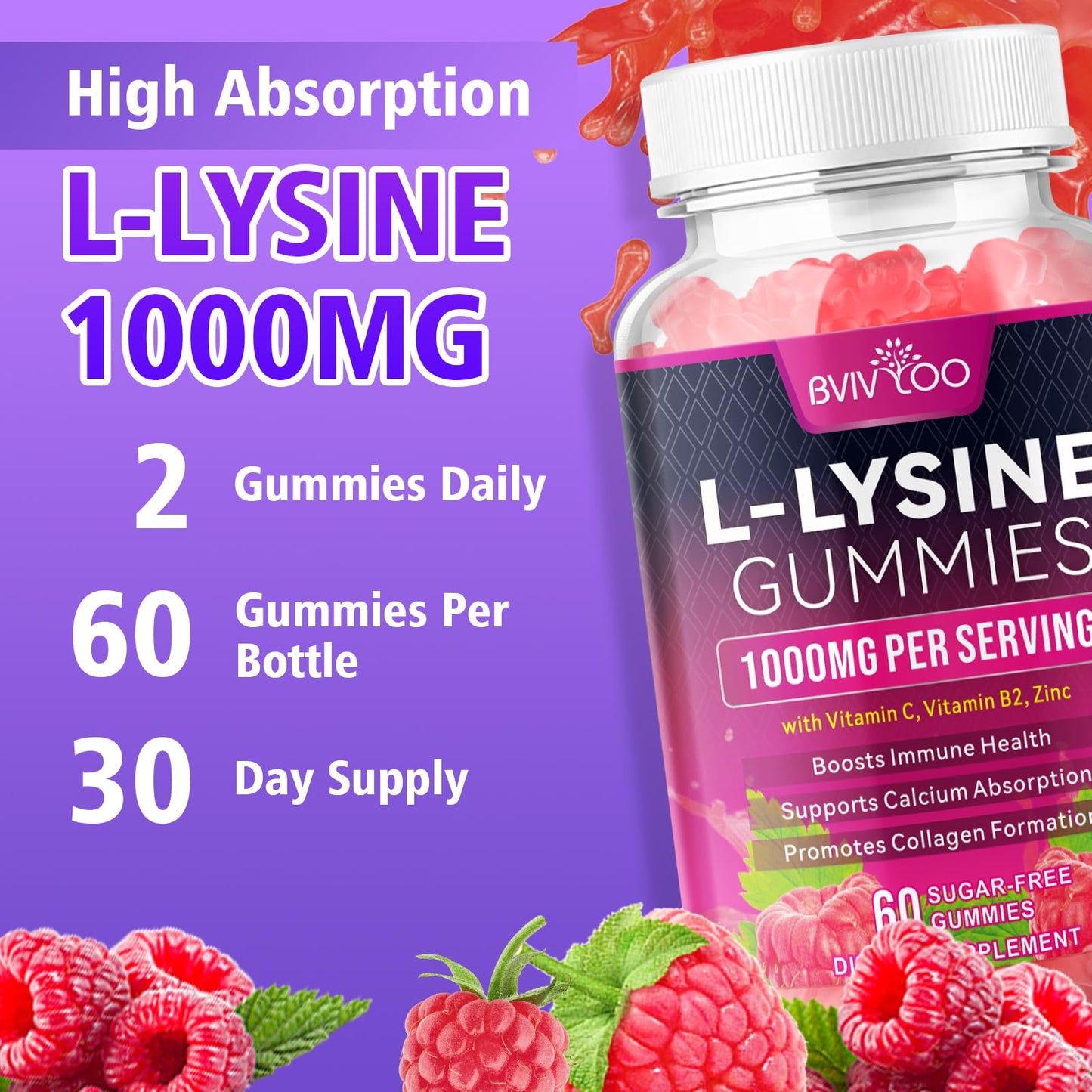 BVIVLOO L-Lysine 1000mg Gummies, 60 Gummies