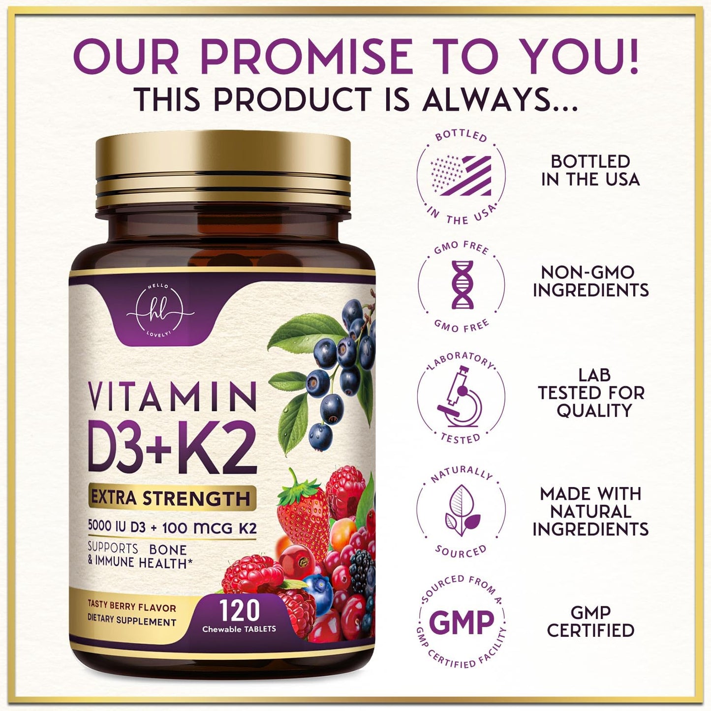 Hello Lovely! Vitamin D3 K2 (MK-7) Complex - 5000 IU per Serving for Immune Support and Bone Health - Berry Chewable, Gluten Free, 120 Tablets