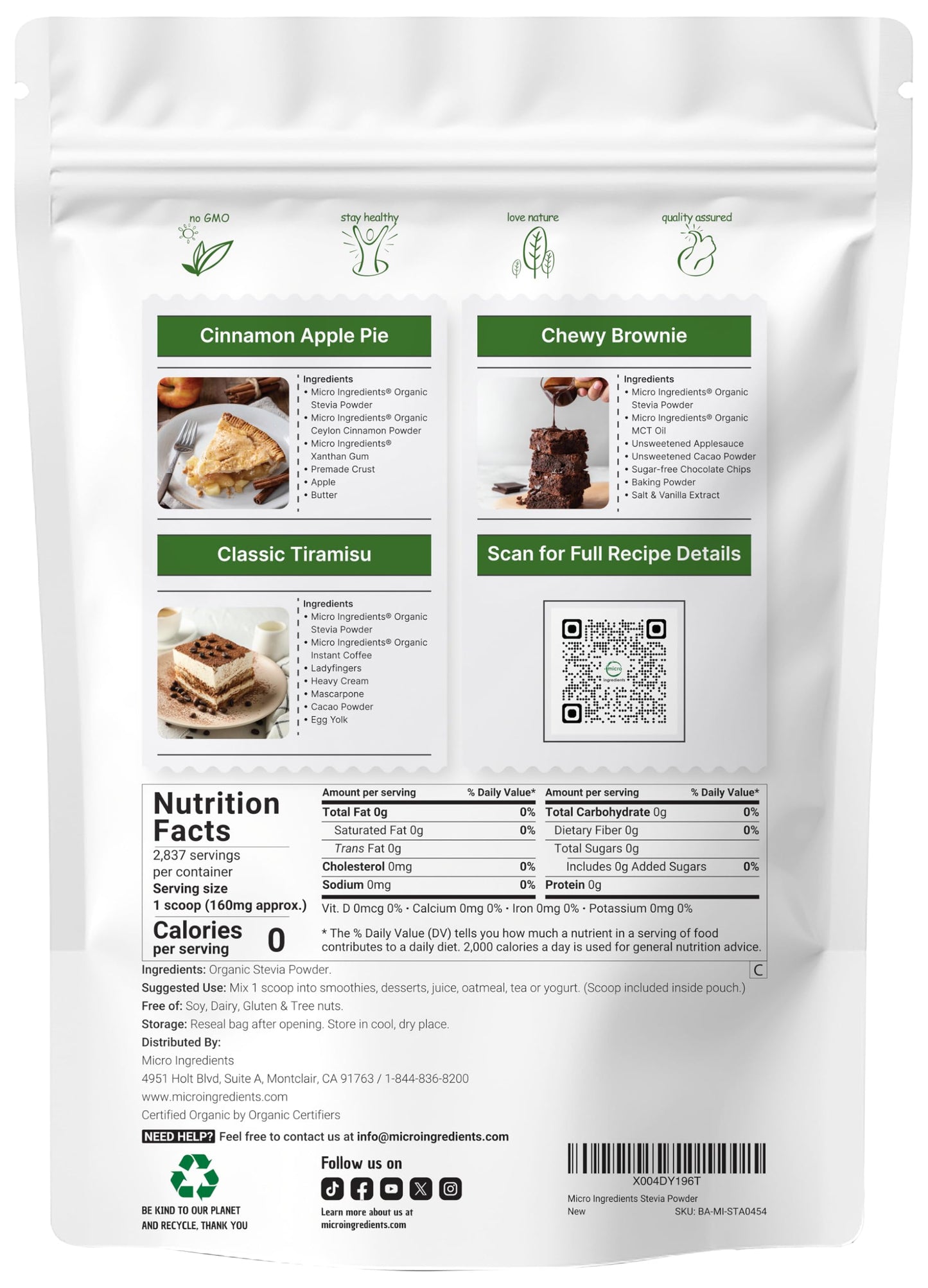 Micro Ingredients Pure Organic Stevia Powder 16 oz
