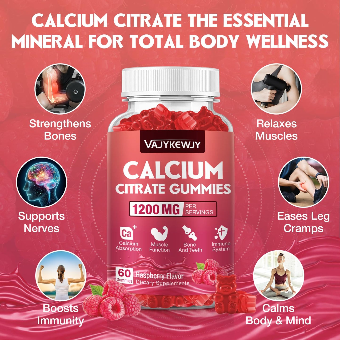 VAJYKEWJY Calcium Citrate Gummies 1200mg for Adults & Kids, Bone & Teeth Support, Raspberry Flavor, 60 Count