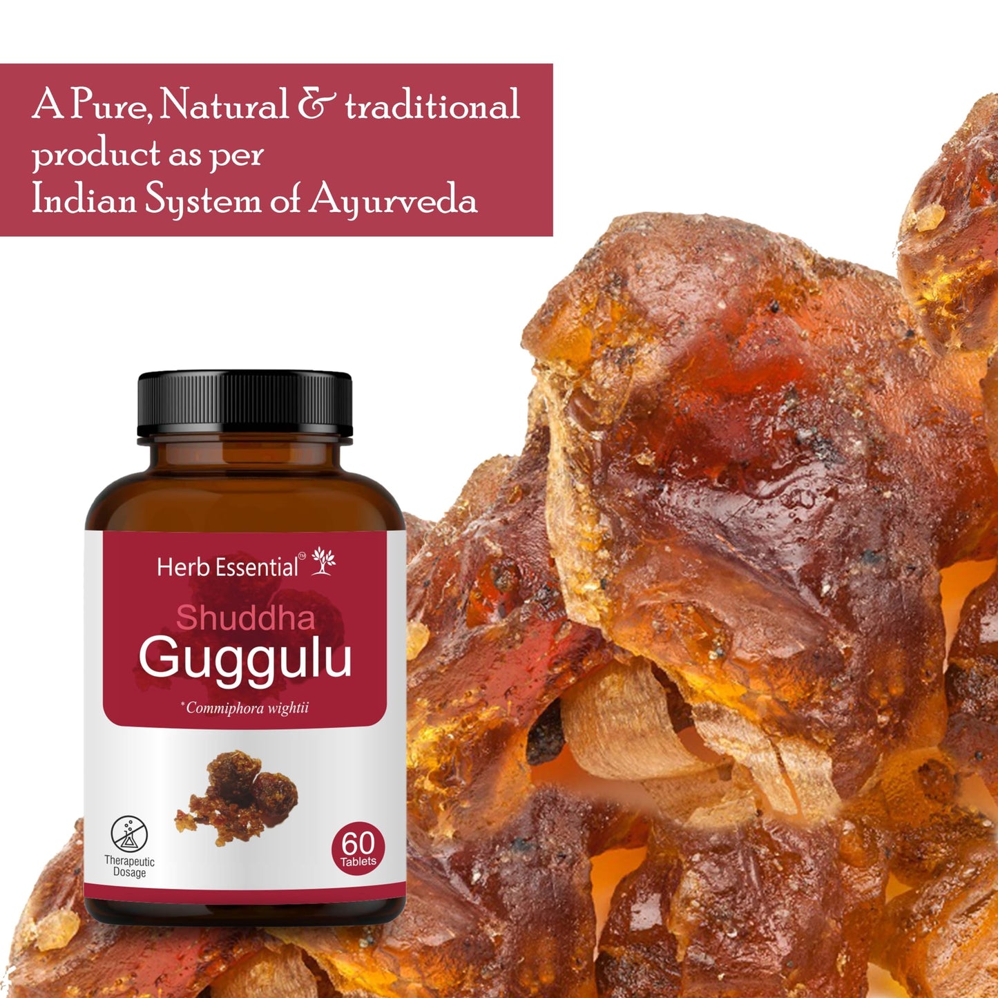 Herb Essential Organic Shuddha Guggulu (Commiphora Wightii) 500mg, 60 Tablets