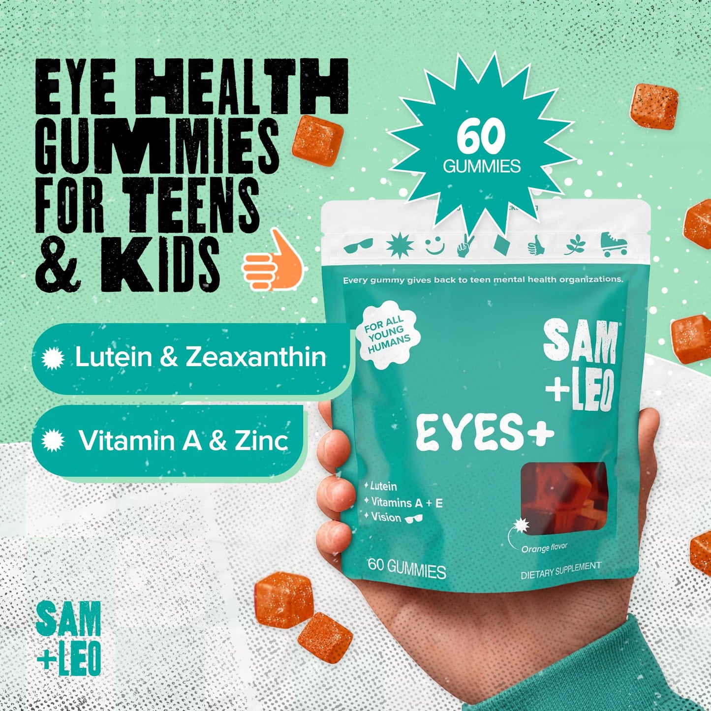 SAM+LEO Eye Gummies for Kids & Teens Gummy, Vitamins A, E & C, Lutein, 60 Count