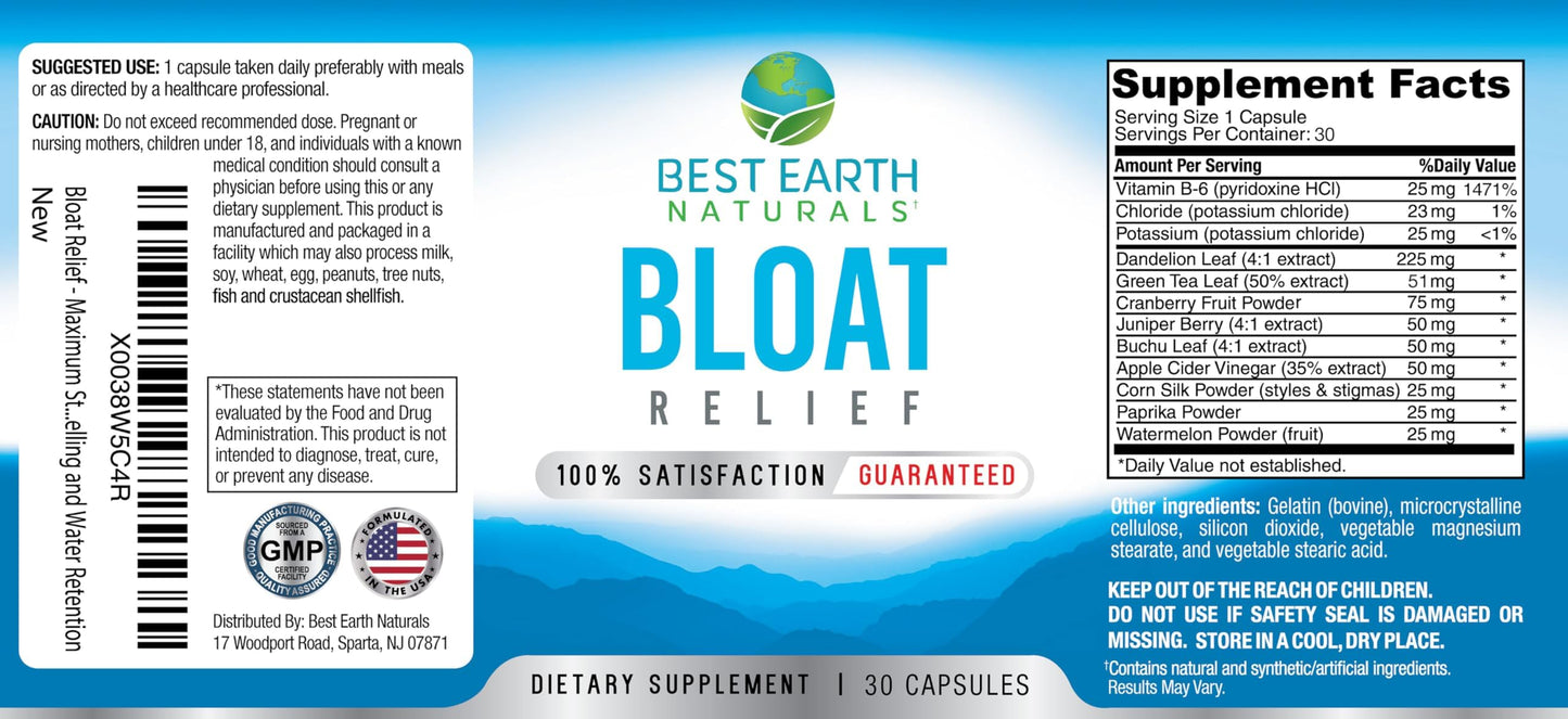 Best Earth Naturals Bloat Relief Water Supplement Capsule 30 Count