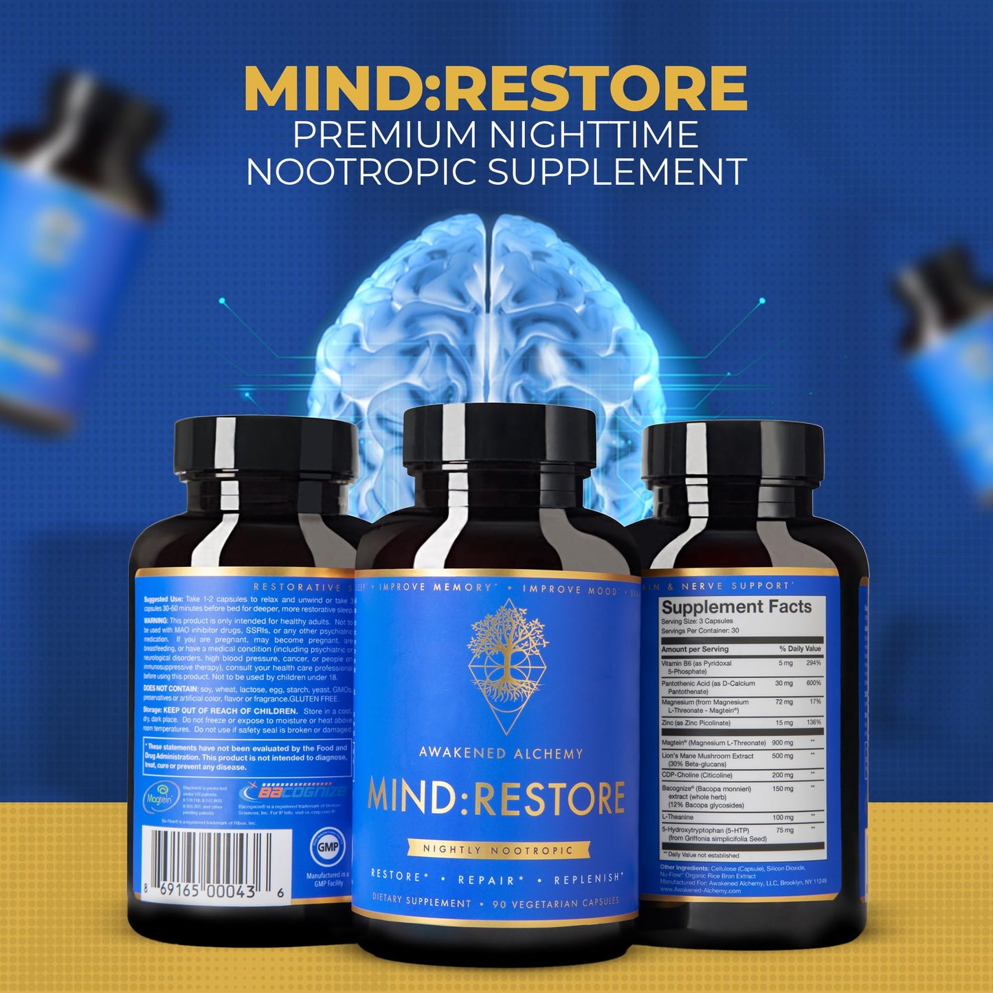 Awakened Alchemy MIND:RESTORE Premium Nighttime Nootropic Supplement Capsule, 90 Count
