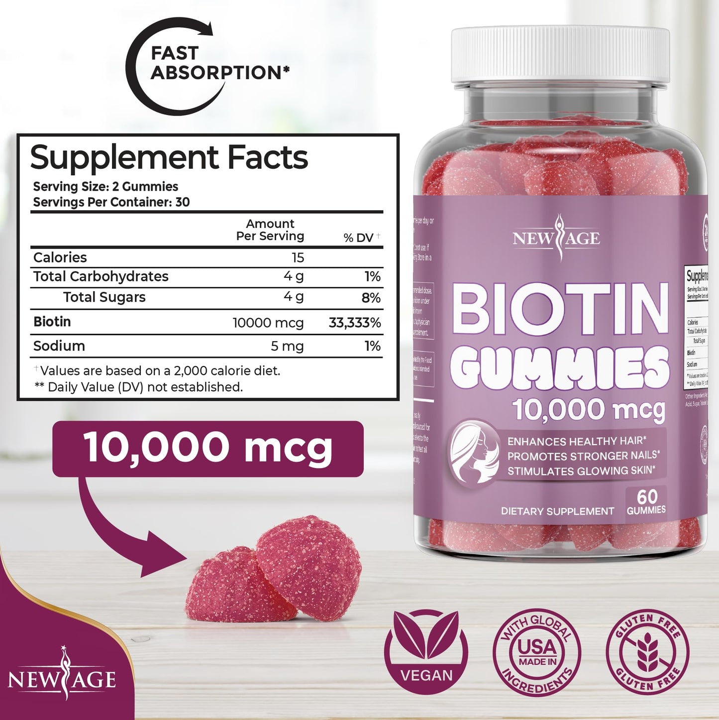 NEW AGE Biotin Gummies 10,000 mcg Non-GMO Hair, Skin & Nails – Made in USA, 120 Gummies